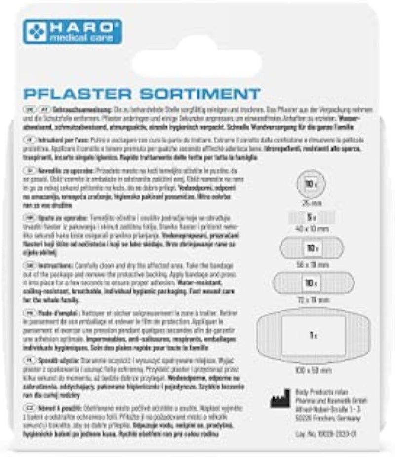 Rückseite der Haro Pflaster-Sortiment Verpackung. Produktinformationen, Größenangaben und Piktogramme. Mehrsprachiger Text.