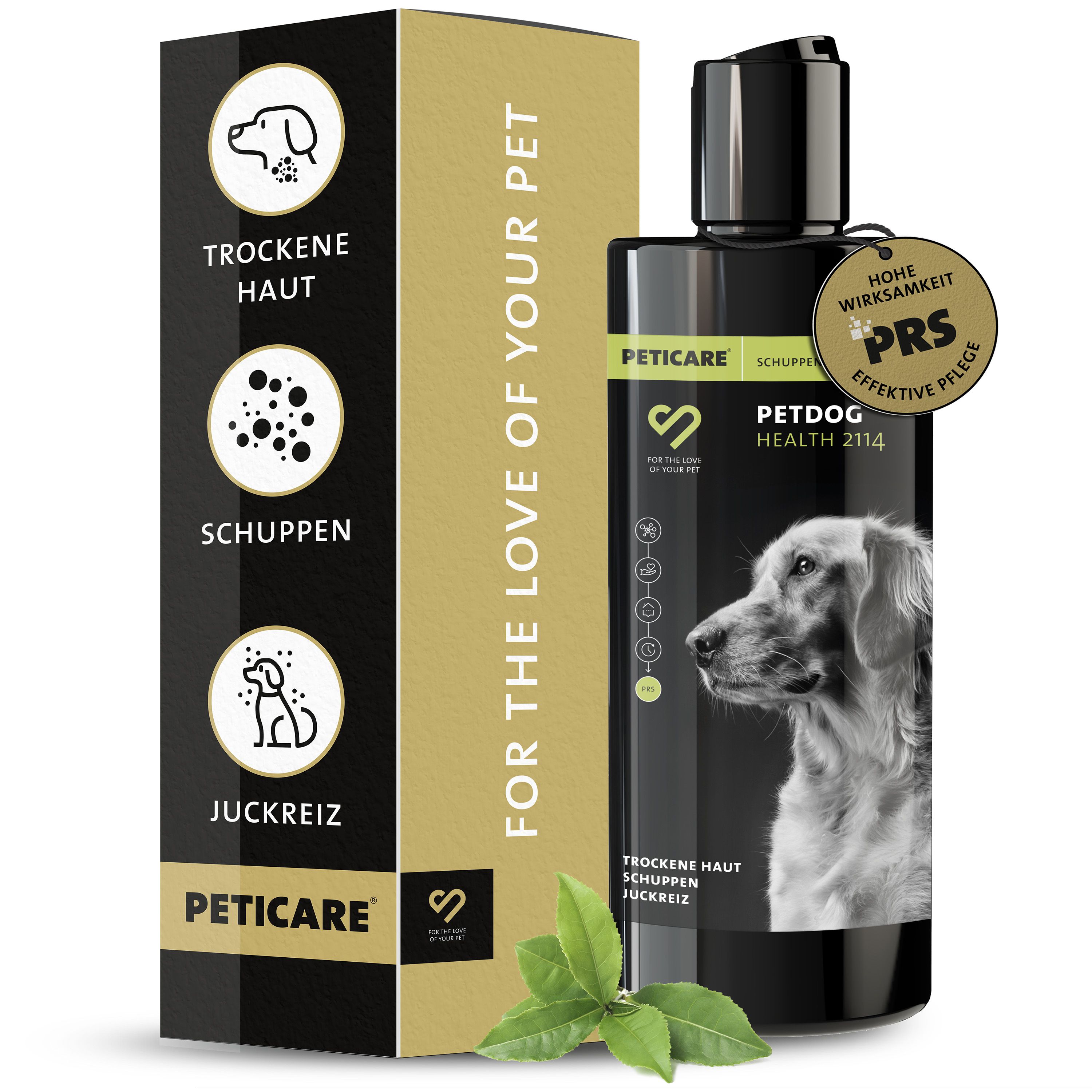 Schwarze Flasche und Verpackung. Peticare Anti-Schuppen Shampoo für Hunde. Logos und Produktinformationen. Zertifizierung.