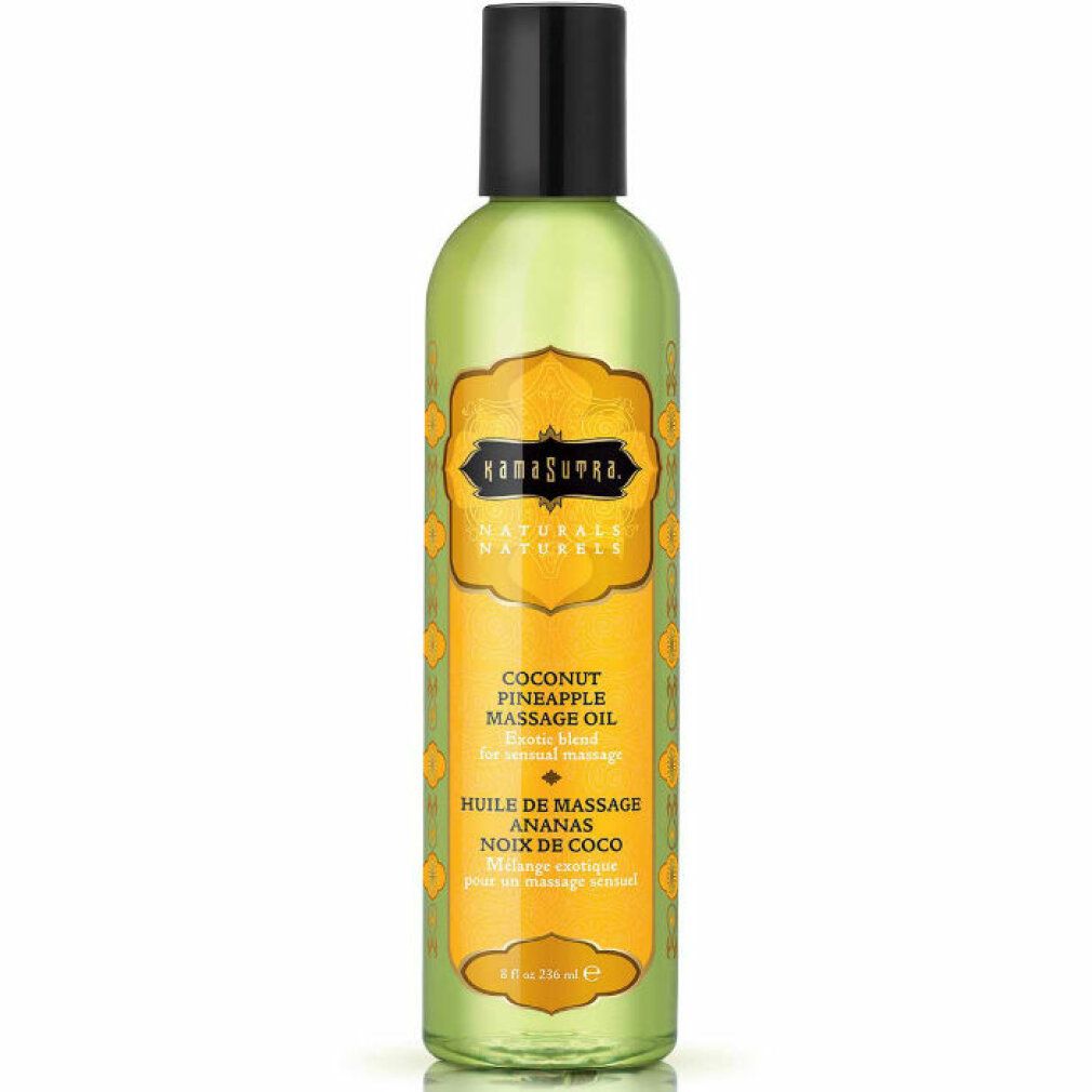 Grüne Flasche mit schwarzem Deckel. Etikett mit Kamasutra Naturals, Kokosnuss Ananas Massageöl.