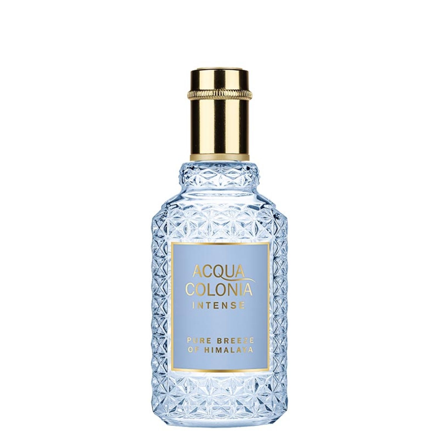 Hellblaues Eau de Cologne mit goldfarbenem Verschluss. Auf dem Etikett steht 'ACQUA COLONIA INTENSE Pure Breeze of Himalaya'.