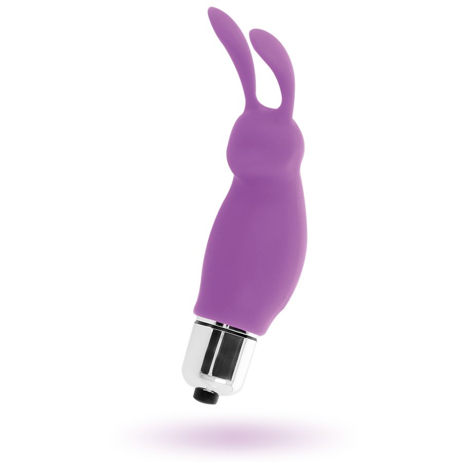 Lila Vibrator mit Hasenohren. Silberfarbener Kopf. Schwarzer Knopf. Schatten unter dem Produkt.