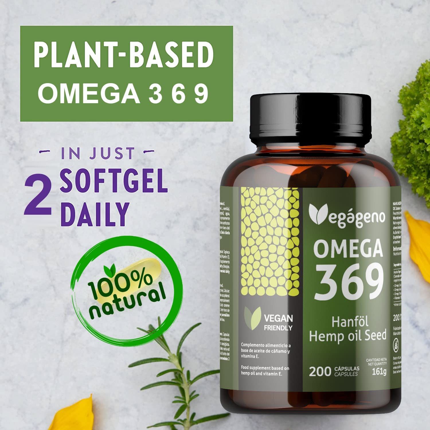 Braune Flasche VEGÁGENO Omega 3-6-9 Kapseln. Aufschrift: Omega 369, Hanföl, 200 Kapseln. Vegan-Siegel. 100% natürlich. Einnahme: 2 Kapseln täglich.