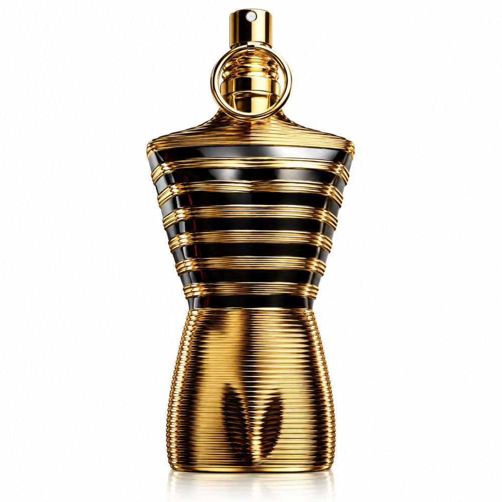 Goldfarbene Flasche in Form eines männlichen Torsos mit schwarzen Streifen und einem goldenen Ring am Verschluss.
