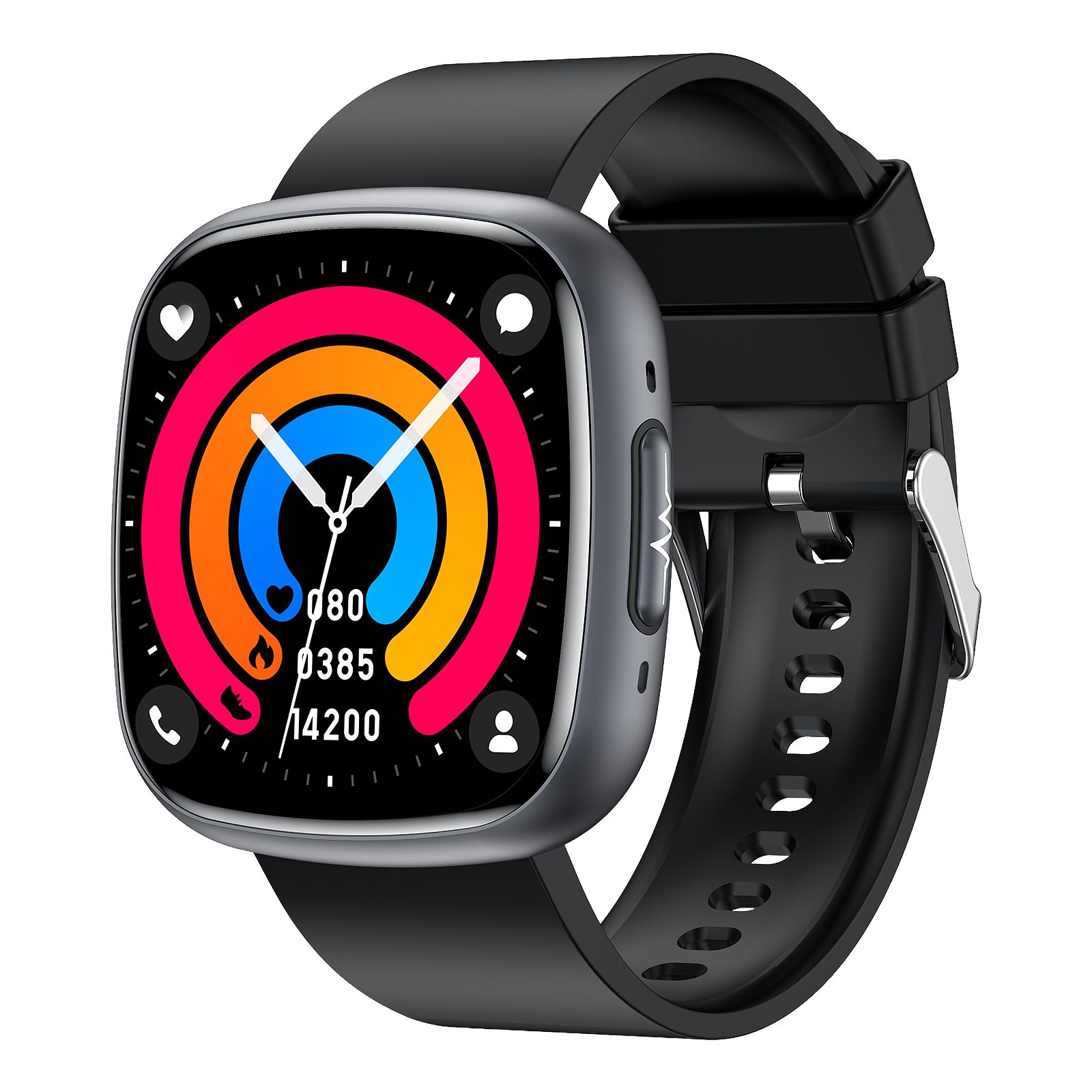 Schwarze Smartwatch mit quadratischem Zifferblatt. Farbiger Bildschirm mit Uhrzeit, Herzfrequenz, Schritten und Kalorien. Schwarzes Armband.