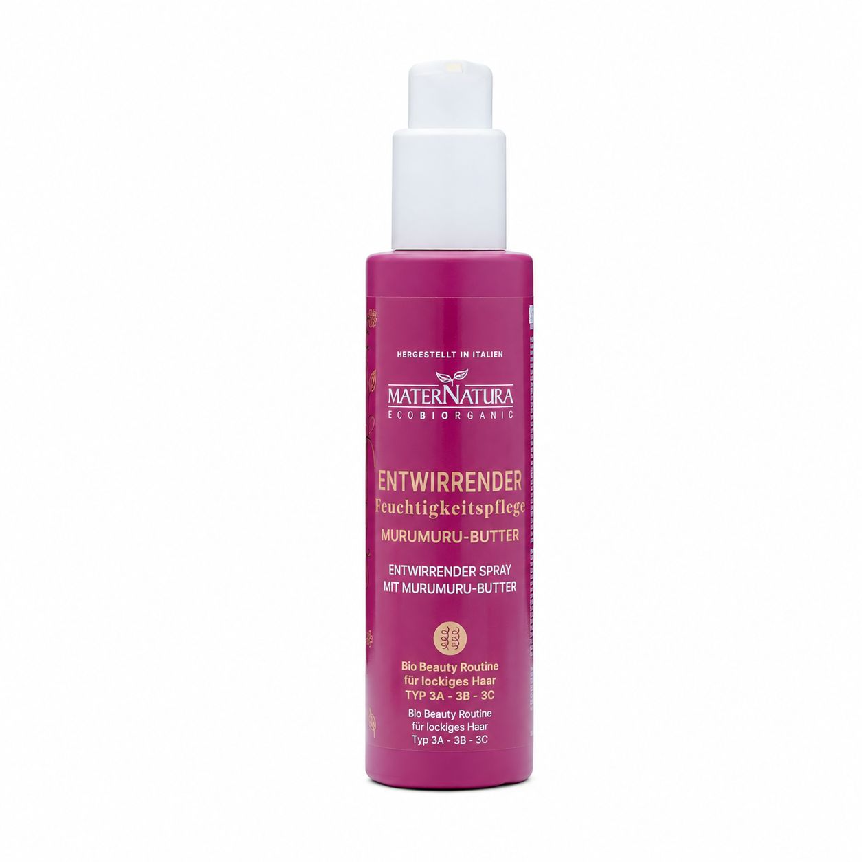 Eine rosa Flasche mit einem Pumpspender, die als entwirrender Feuchtigkeitsspray mit Murumuru-Butter gekennzeichnet ist.