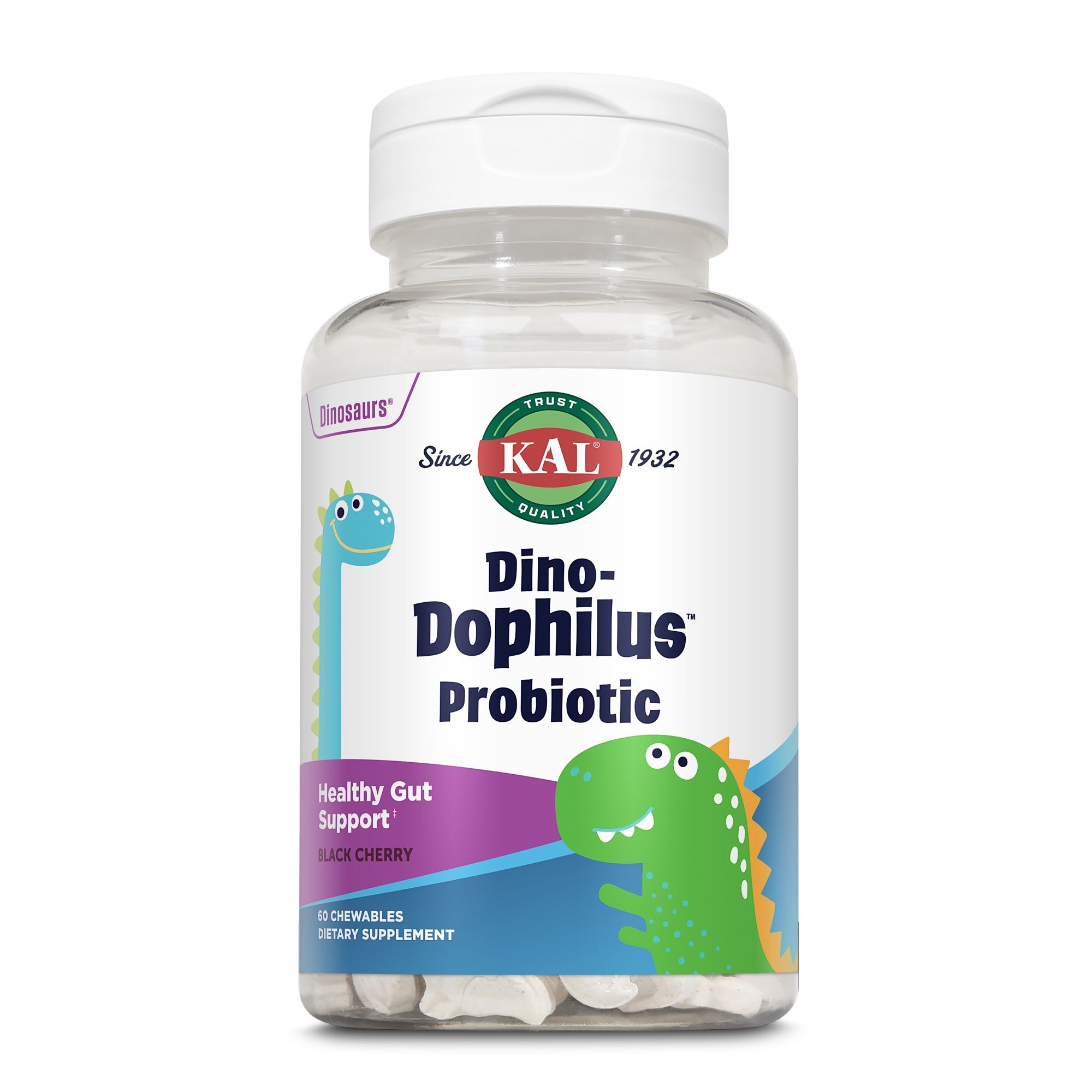 Eine Flasche KAL Dino-Dophilus Probiotic. Aufschrift: Dino-Dophilus, Probiotic, Healthy Gut Support, Black Cherry. 60 Kautabletten.