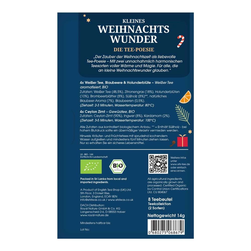 Rückseite der Geschenkbox mit Zutatenliste und Zertifizierungen. Enthält 8 Teebeutel. Aufschrift: Kleines Weihnachtswunder, English Tea Shop.