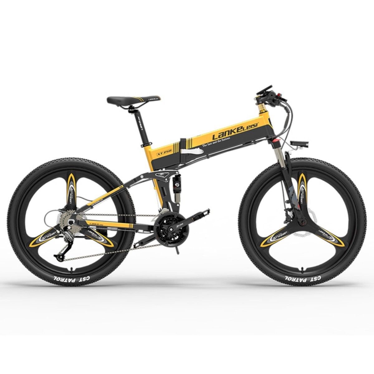 Gelb-schwarzes E-Mountainbike. Große Reifen, dreispeichige Felgen. Lenker, Sattel, Pedale. Marke Lankeleisi.