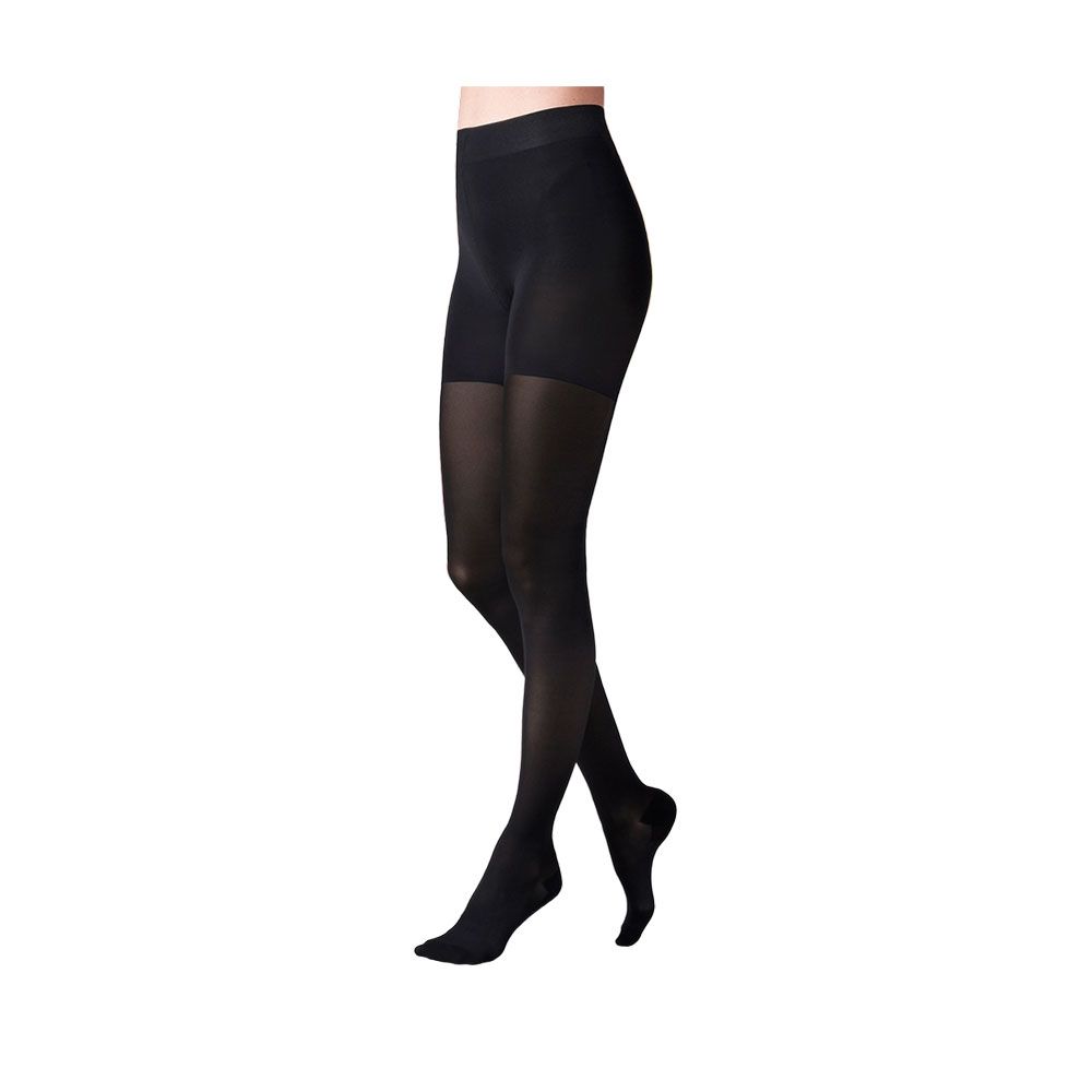 Schwarze Strumpfhose mit 140 den, blickdicht im oberen Bereich, transparent an den Beinen.