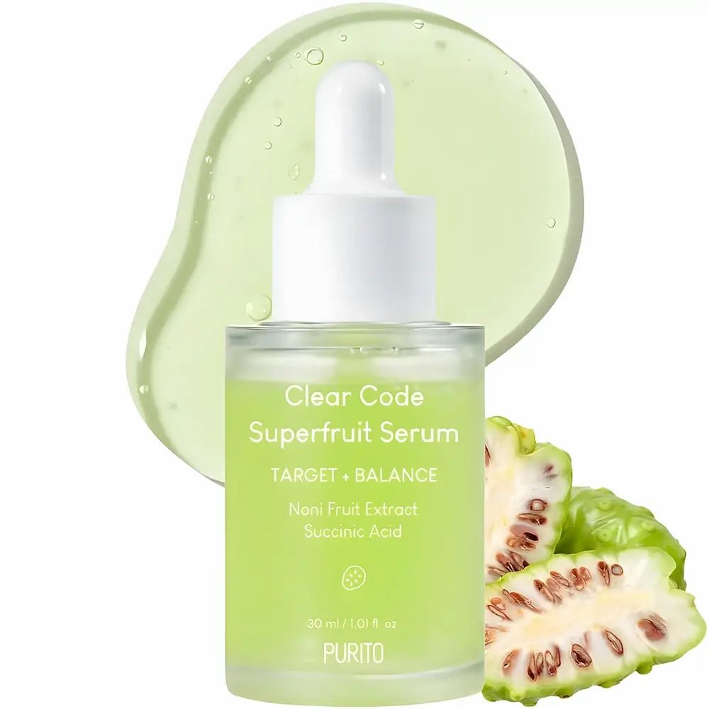 Serumflasche mit Pipette, daneben Noni-Frucht und Serumtropfen. Aufschrift: Clear Code Superfruit Serum. Marke PURITO.