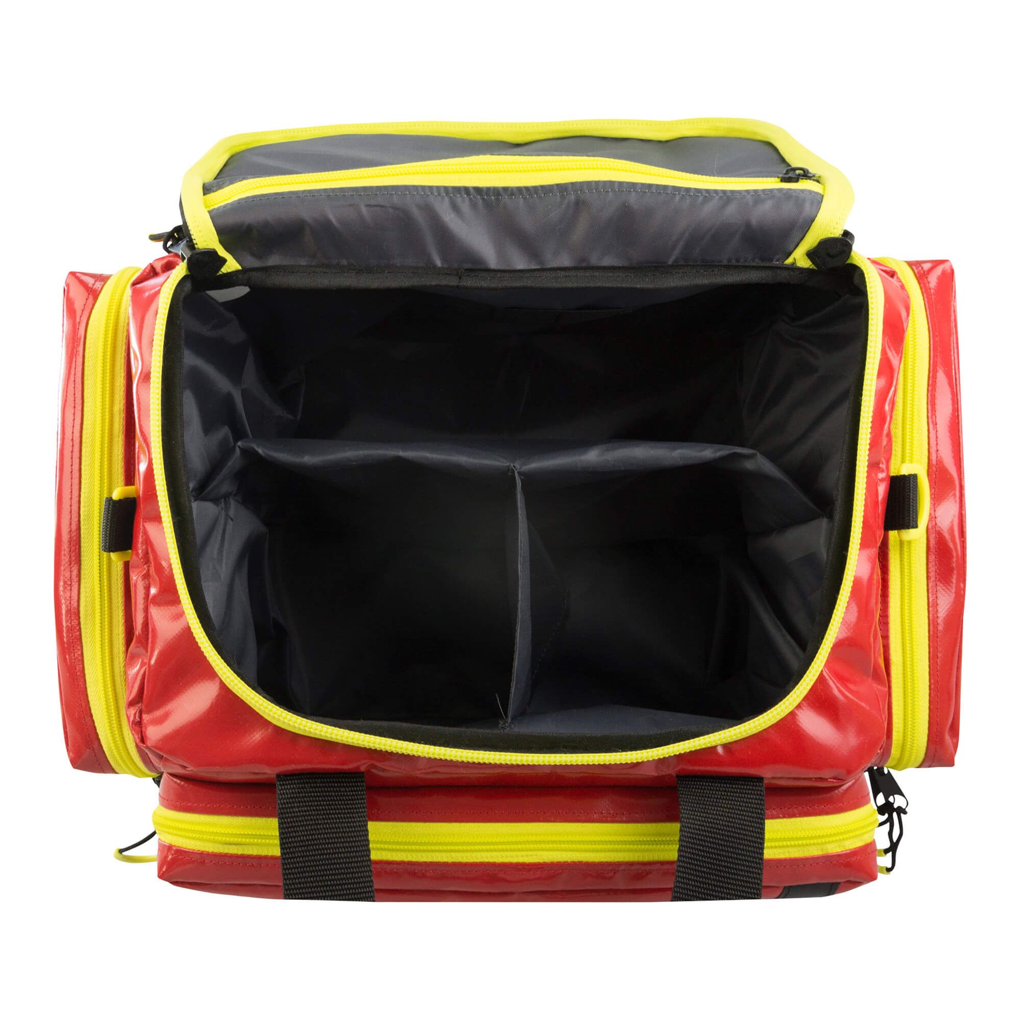 Geöffnete rote Notfalltasche. Gelbe Streifen, schwarze Details. Innenraum mit Fächern. "AEROcase" Logo.