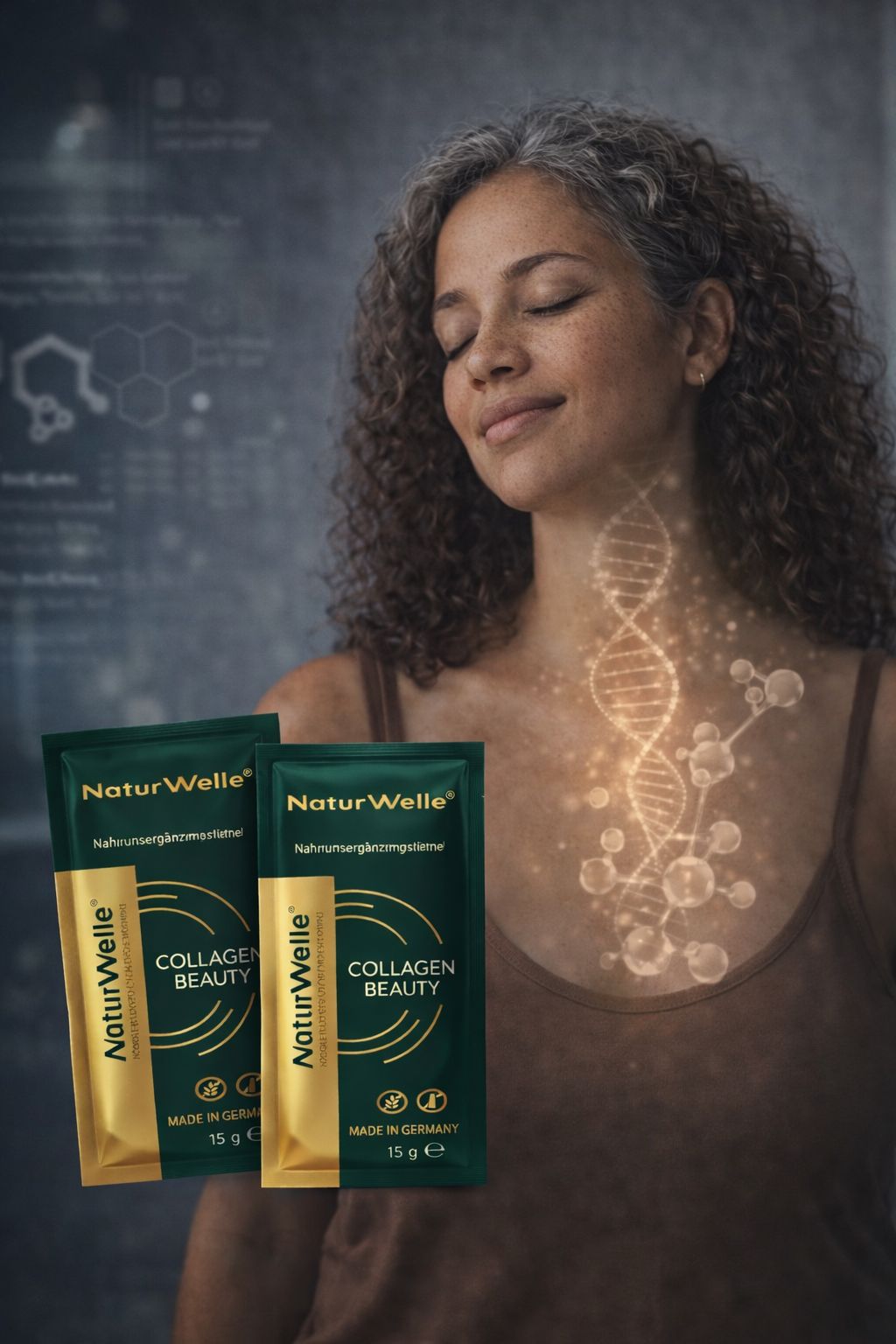 Frau mit geschlossenen Augen. Zwei Beutel Kollagen Beauty. Hintergrund mit grafischen Elementen.