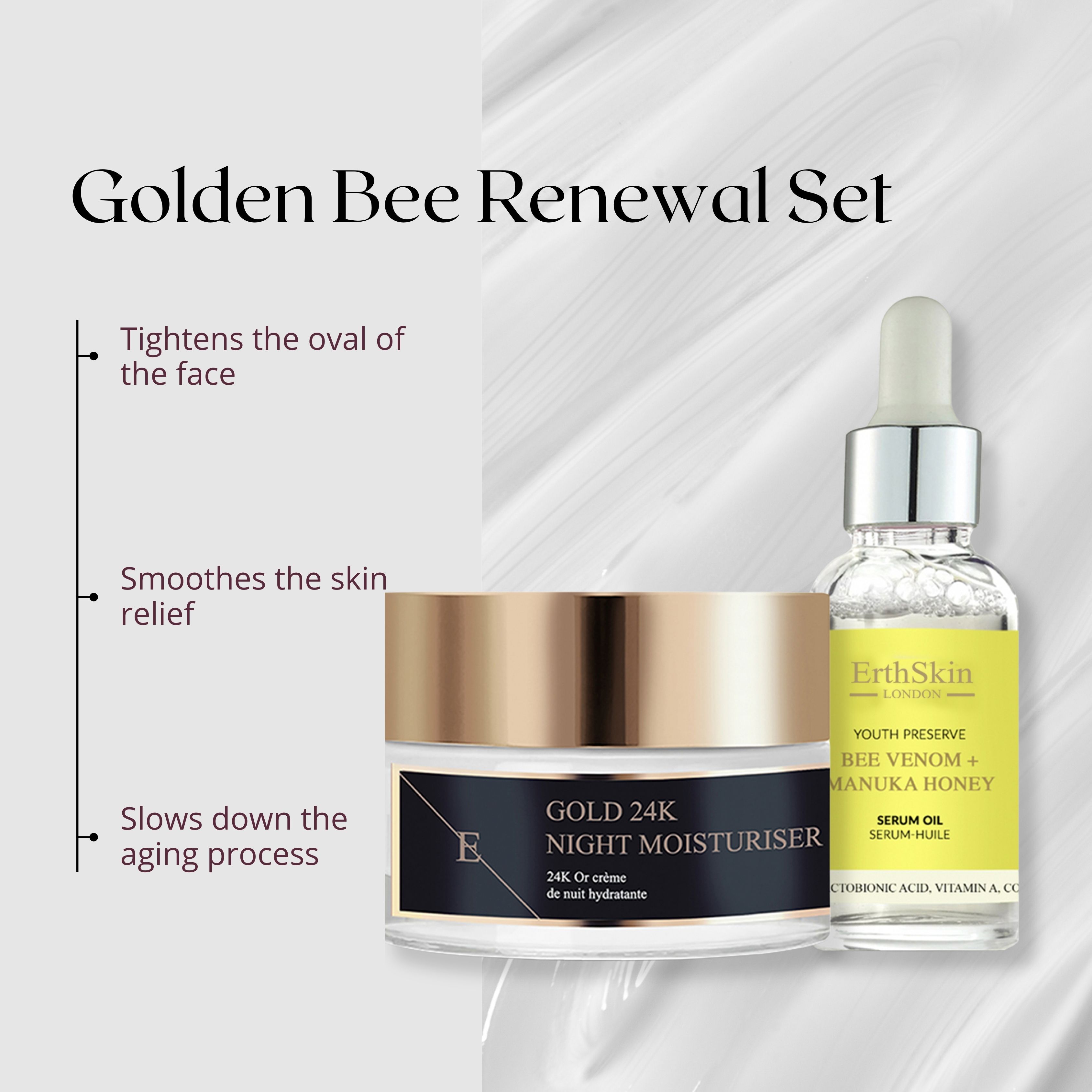 Set aus Serum und Creme. Serumflasche mit Pipette, gelbes Etikett. Cremebehälter mit goldfarbenem Deckel. Text: Gold 24K Night Moisturiser. Hintergrund mit Text.
