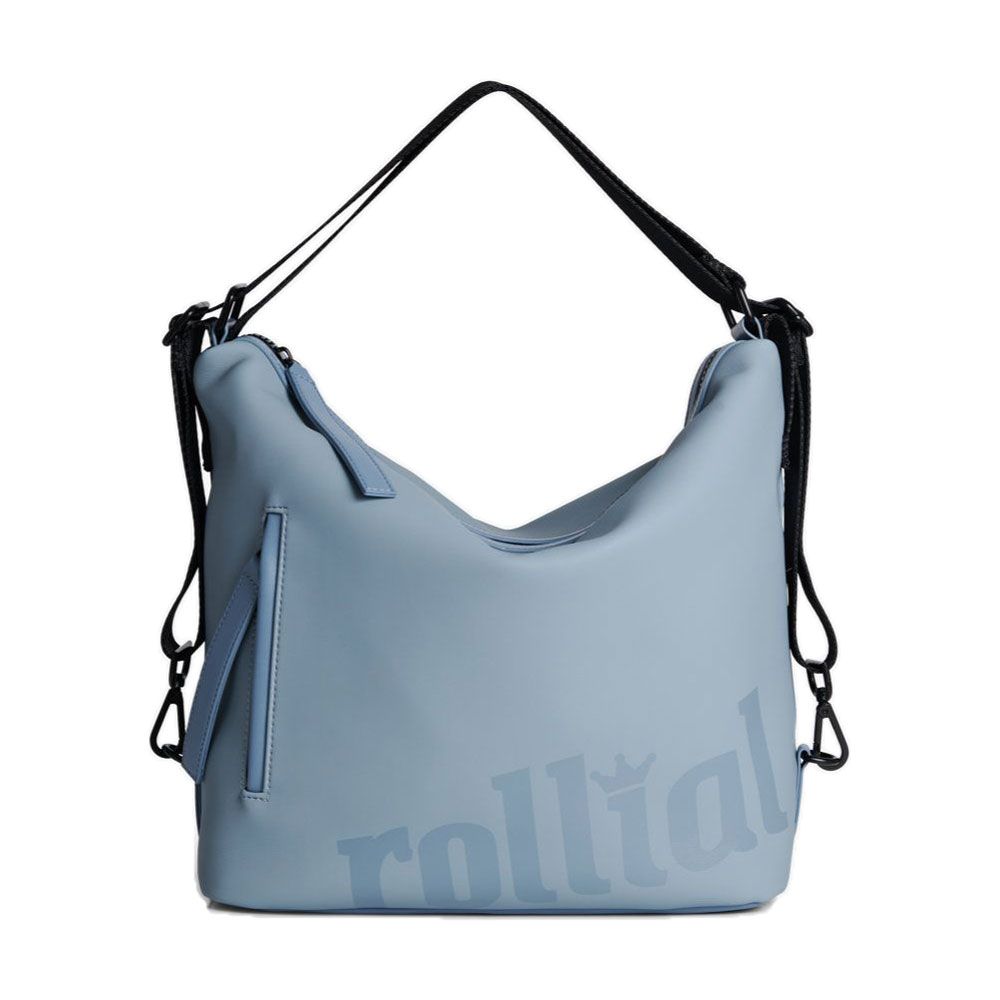 Hellblaue Tasche mit schwarzem Gurt und Reißverschluss. Aufschrift "rollial".