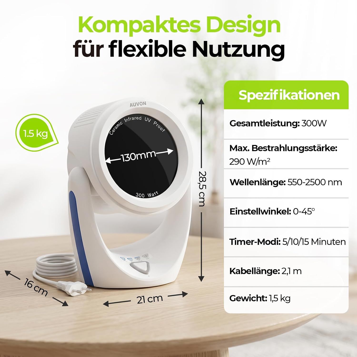 AUVON Infrarotlampe: 300W, 130mm Durchmesser, 28,5cm Höhe. Weiß mit blauen Akzenten.