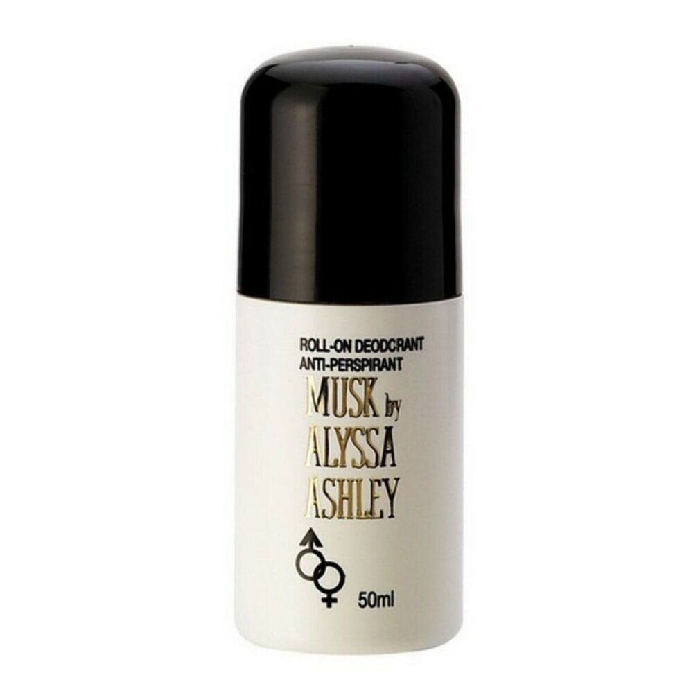 Roll-on-Deodorant mit schwarzem Deckel. Beschriftung: Musk by Alyssa Ashley, 50 ml, Anti-Transpirant.