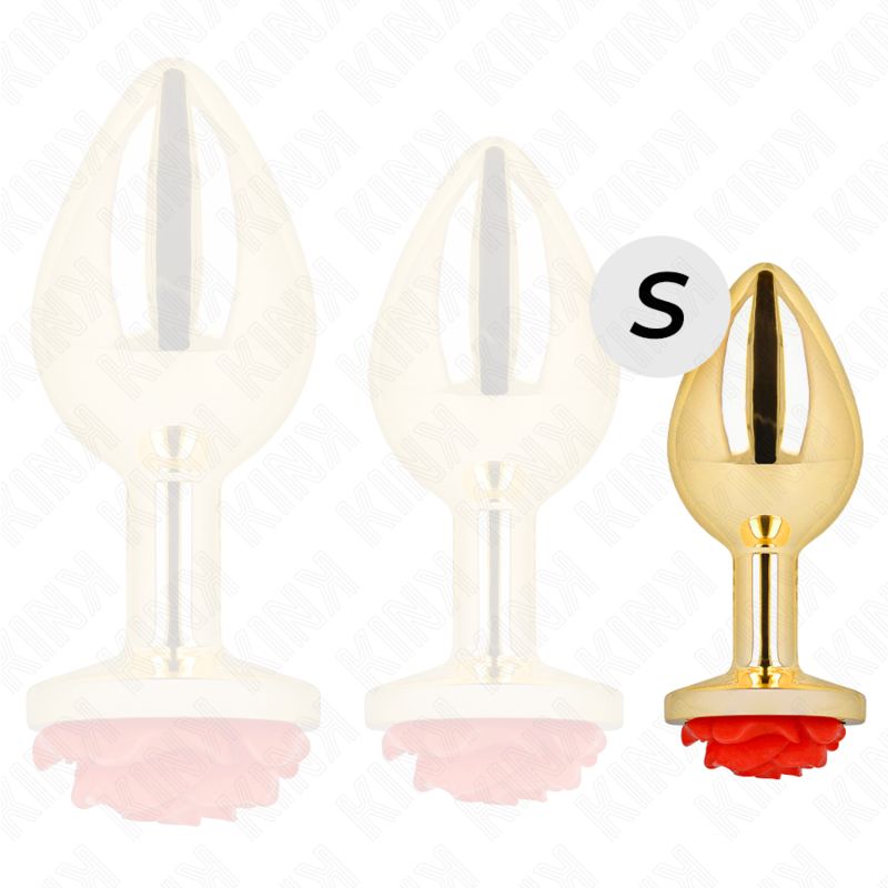 Goldfarbener Analplug mit roter Rosenbasis, neben zwei transparenten Umrissen.
