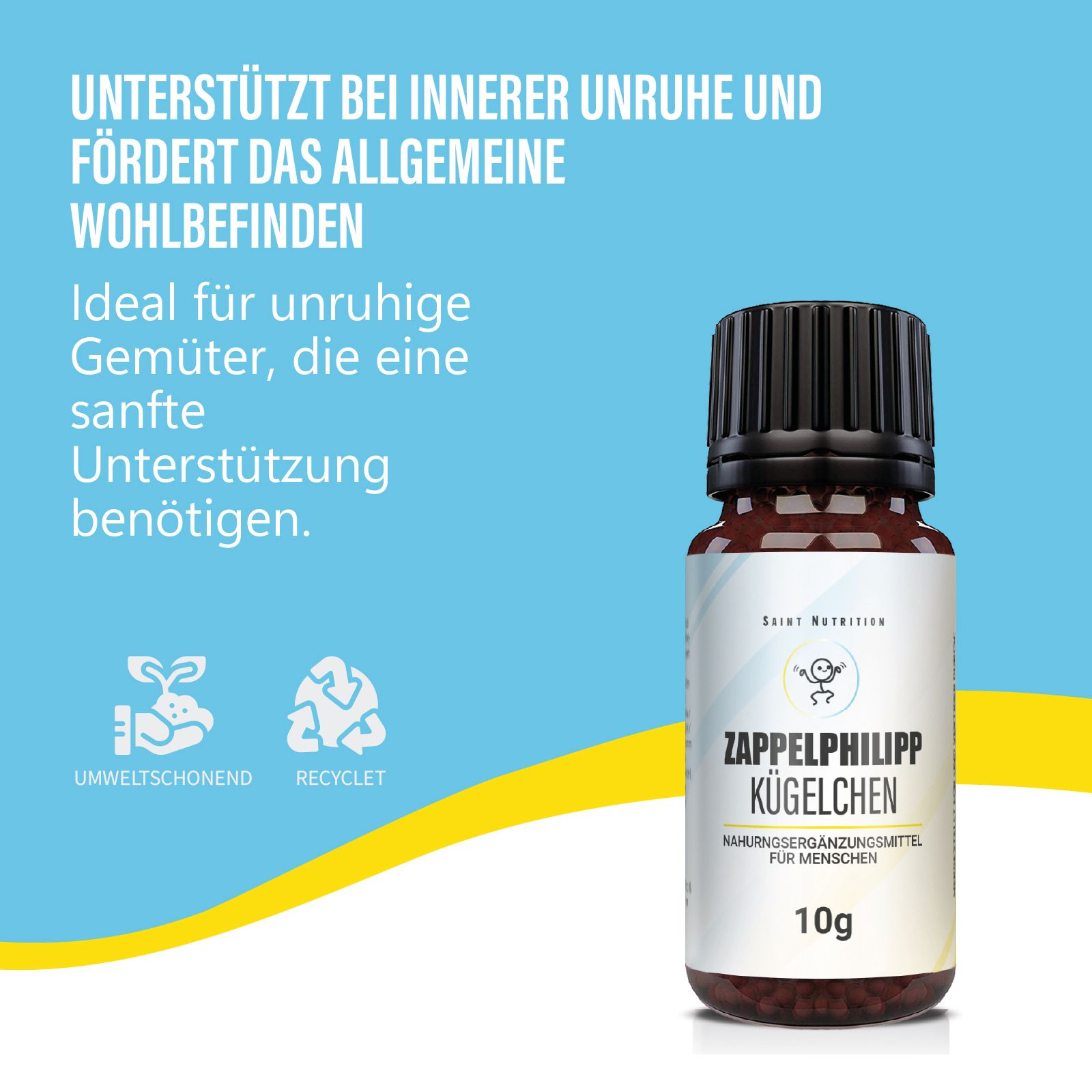 Braune Glasflasche mit schwarzem Deckel. Auf dem Etikett steht "Zappelphilipp Kügelchen" und "10g". Hintergrund blau.