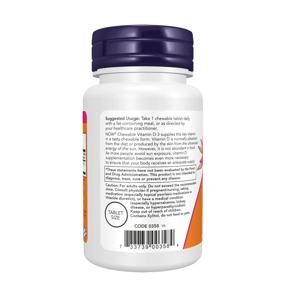 Rückseite der NOW Vitamin D-3 Flasche mit Anwendungshinweisen und Warnungen.