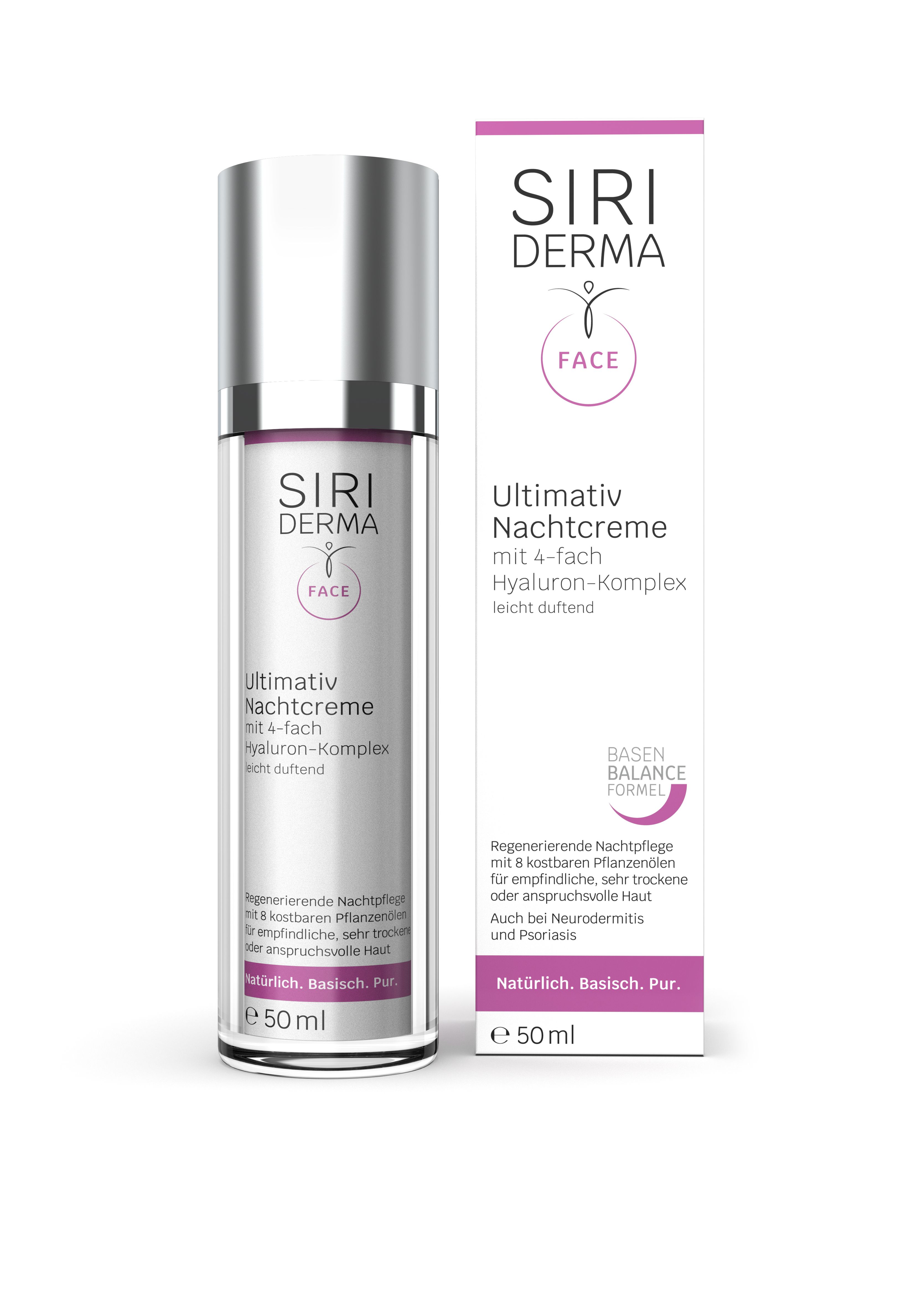 Creme-Flakon und Schachtel. Aufschrift: SIRIDERMA, Ultimativ Nachtcreme mit 4-fach Hyaluron-Komplex. 50 ml.