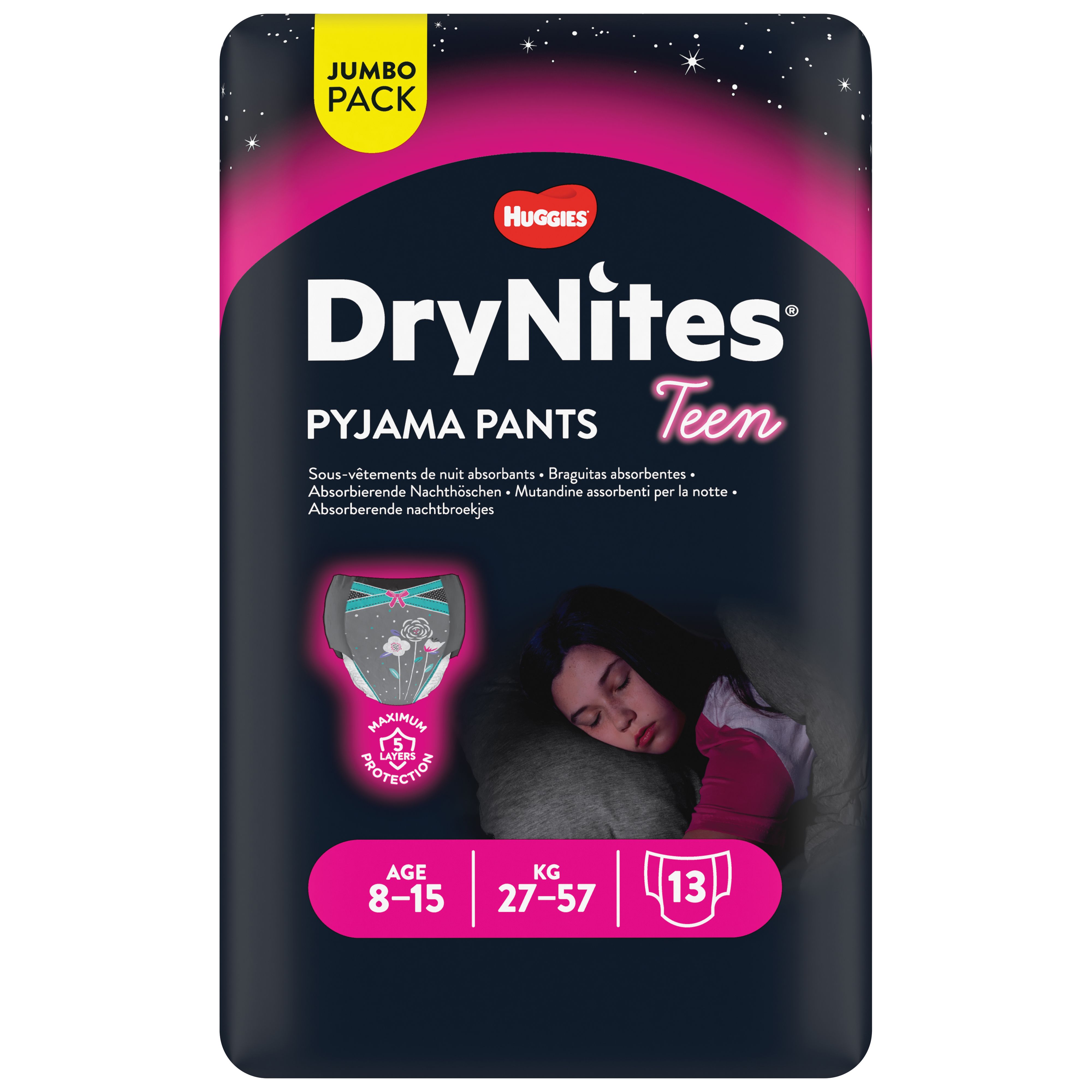 Huggies DryNites Pyjama Pants Teen, für Mädchen 8-15 Jahre, 27-57 kg. 13 Stück. 5-facher Schutz. Schlafendes Mädchen auf der Verpackung.