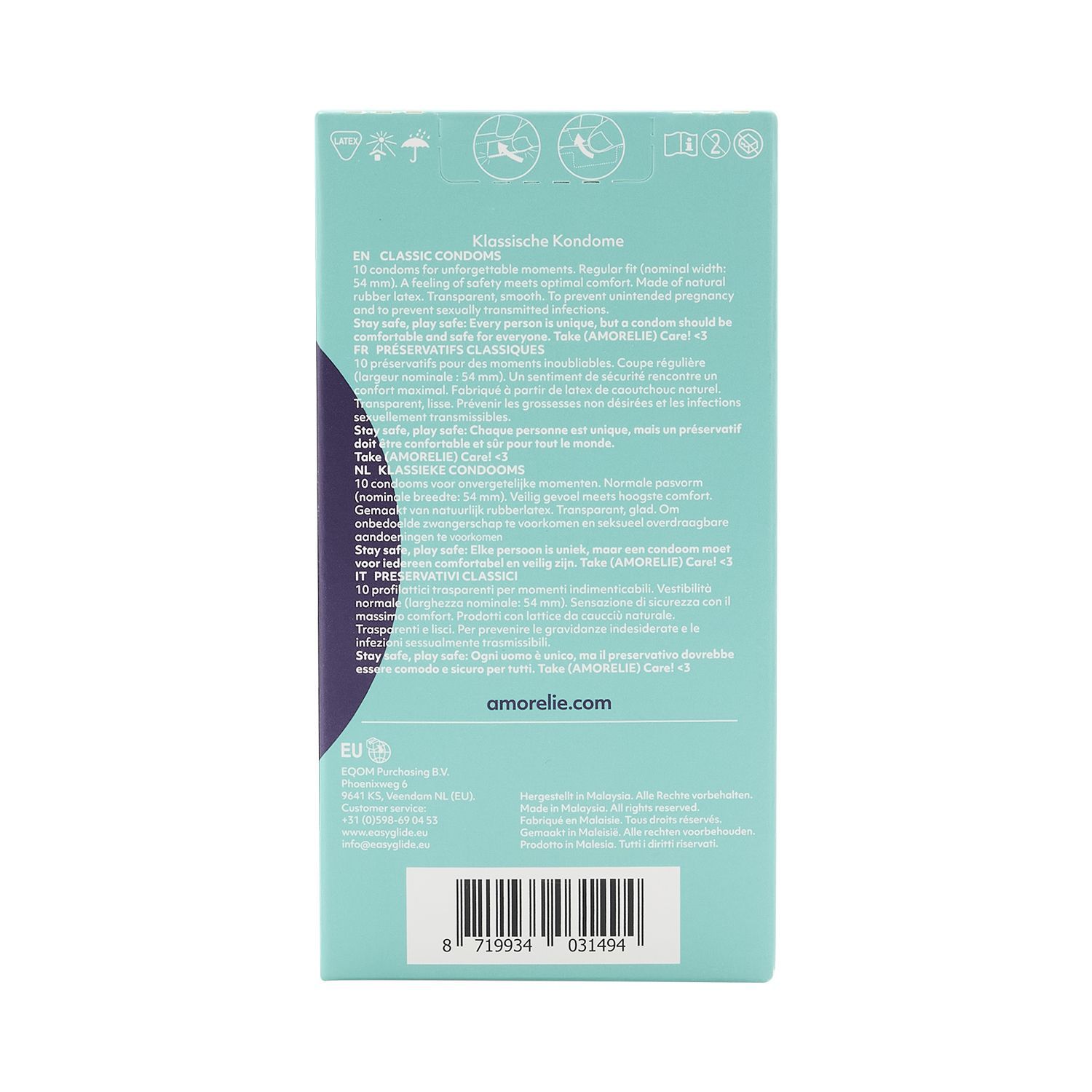 Rückseite der Verpackung mit AMORELIE Care »Klassische Kondome«. Text in mehreren Sprachen.
