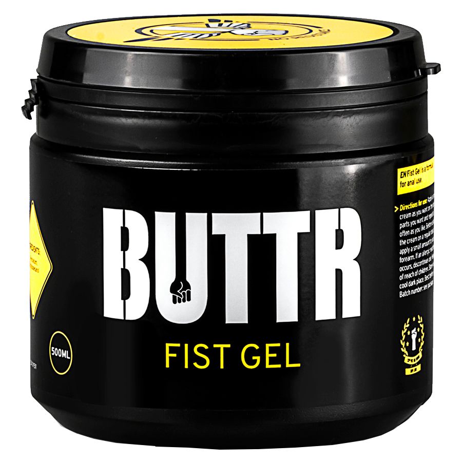 Schwarzer Behälter mit BUTTR und FIST GEL. Gelber Deckel. 500ml. Auszeichnungen.