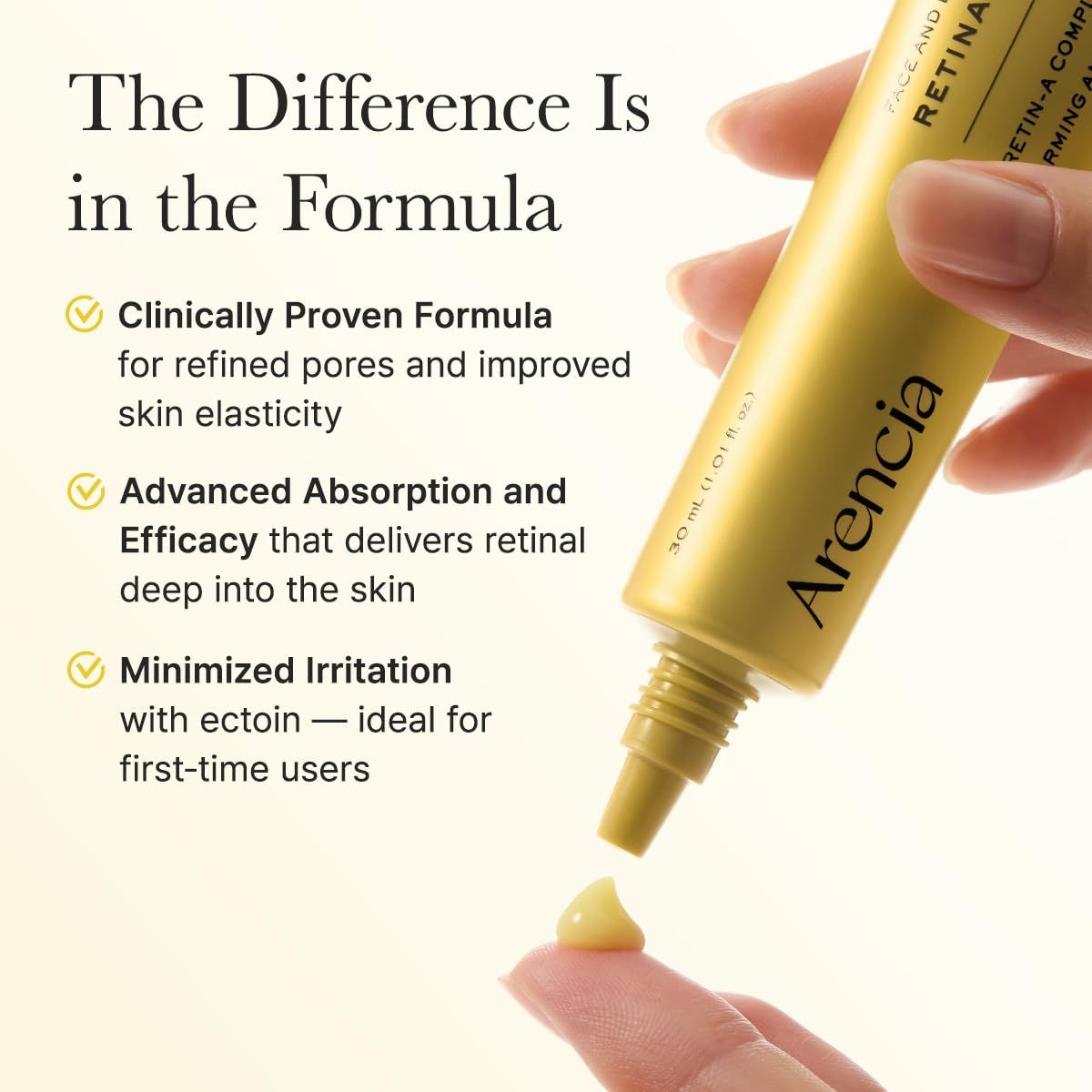 Goldfarbene Tube mit Serum. Aufschrift: Arencia. Text: Retinal. 30 ml. Serum wird auf Finger aufgetragen.