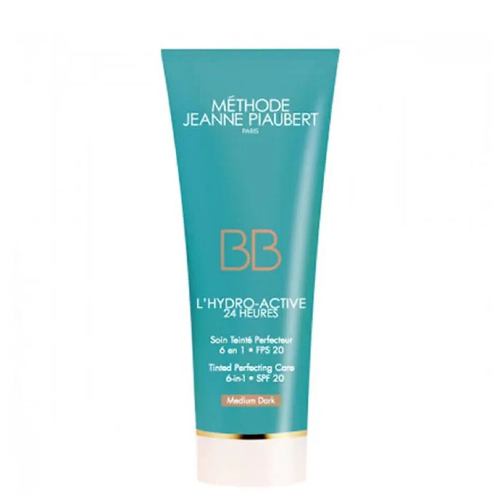 Türkisfarbene Tube mit Produkttext. BB, L'HYDRO-ACTIVE 24 HEURES, Soin Teinté Perfecteur 6 en 1 + FPS 20. Medium Dark.