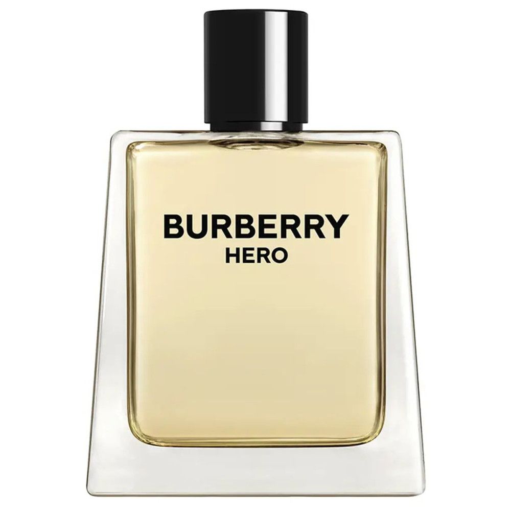 Burberry Hero Flakon. Quadratische Form, schwarzer Verschluss, Schriftzug Hero. Klarer Glasflakon.
