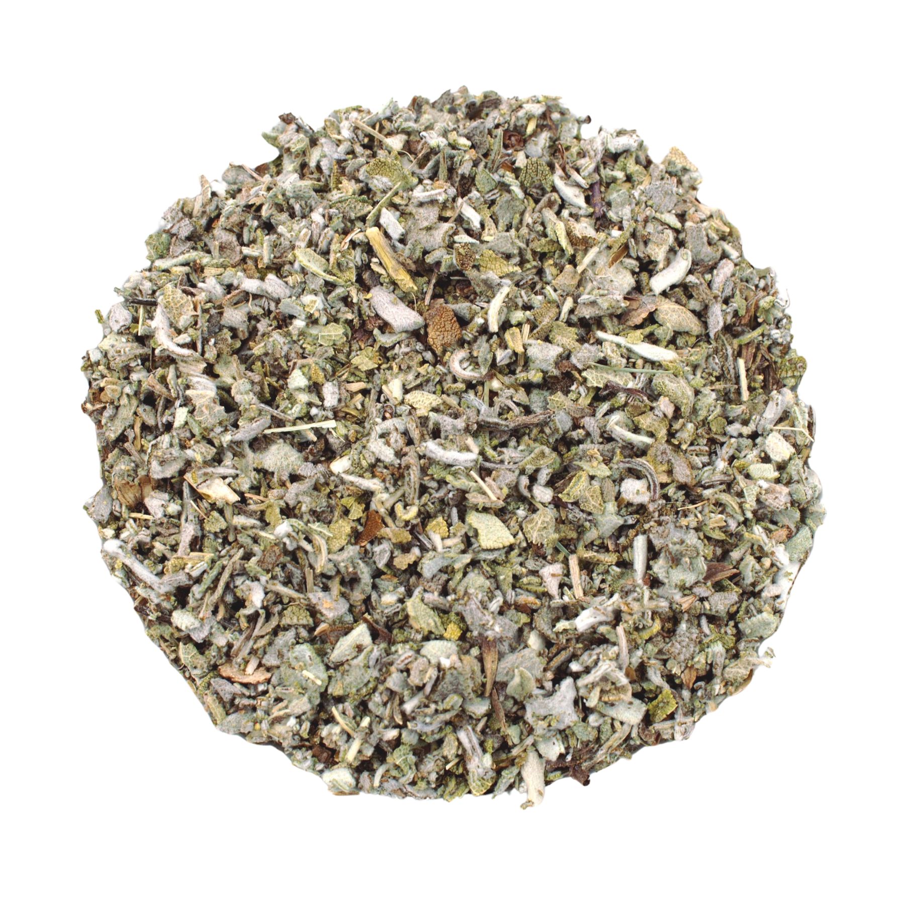 Haufen getrockneter Salbeiblätter, kreisförmig angeordnet. Grün-graue Farbe. Blätter und kleine Stiele sichtbar.