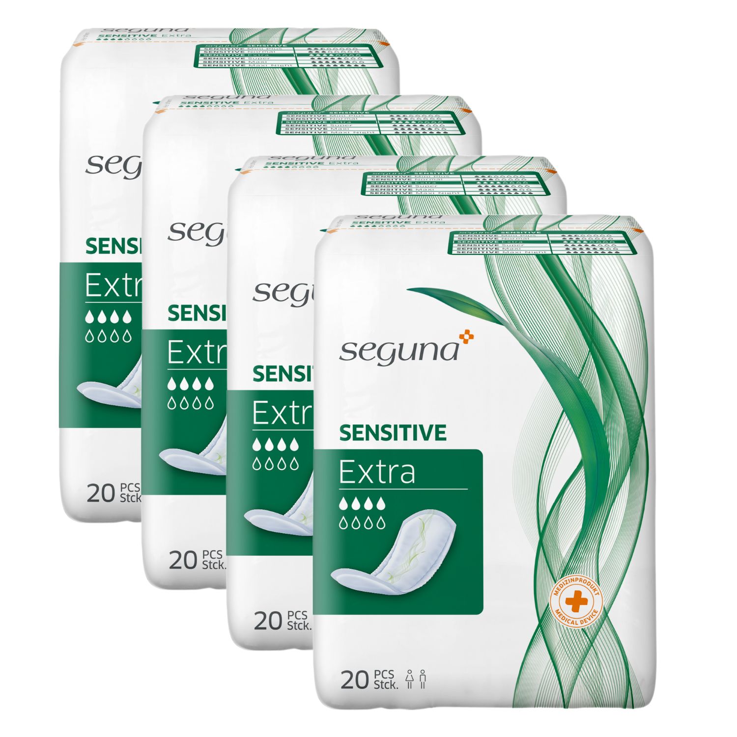 Mehrere Packungen SEGUNA Sensitive Extra. Jede Packung enthält 20 Stück. Aufdruck: Sensitive Extra, Tropfensymbol, Produktabbildung.