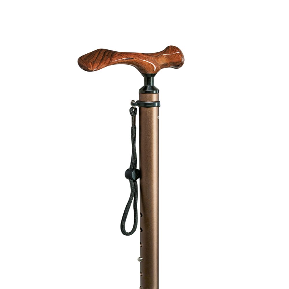 Gehstock mit Holzgriff und brauner Stange. Der Griff ist ergonomisch geformt. Mit Handschlaufe. Höhenverstellbar.