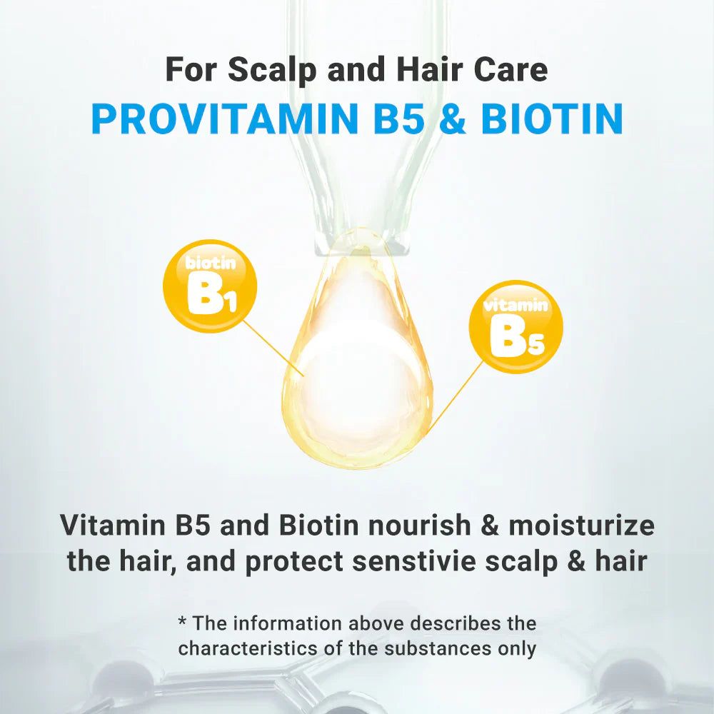 Grafik mit Tropfen und Vitaminen. Text: Provitamin B5 & Biotin. Nährt und befeuchtet Haar und schützt empfindliche Kopfhaut.