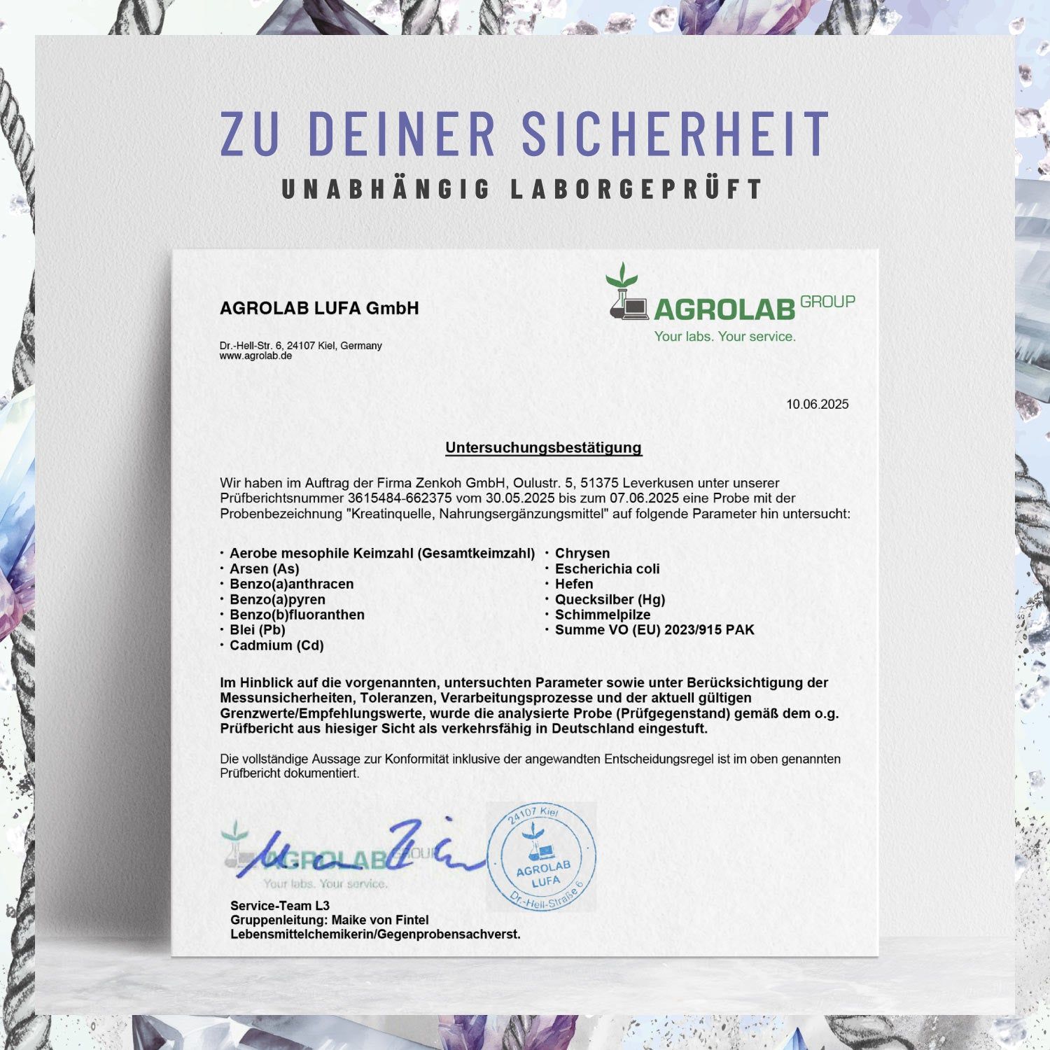 Zertifizierungsdokument von AGROLAB LUFA GmbH. Text: "Zu deiner Sicherheit. Unabhängig laborgeprüft". Unterschriften und Stempel.
