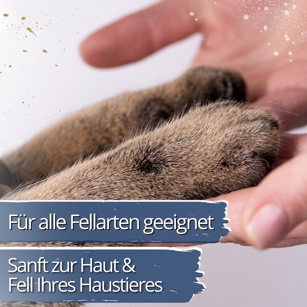 Hundefüße in einer Hand. Text: "Für alle Fellarten geeignet", "Sanft zur Haut & Fell Ihres Haustieres".