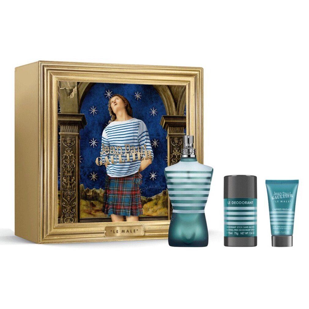 Geschenkset mit Flakon, Deodorant und After Shave. Flakon in Torsoform, blau gestreift. Verpackung mit Bild.