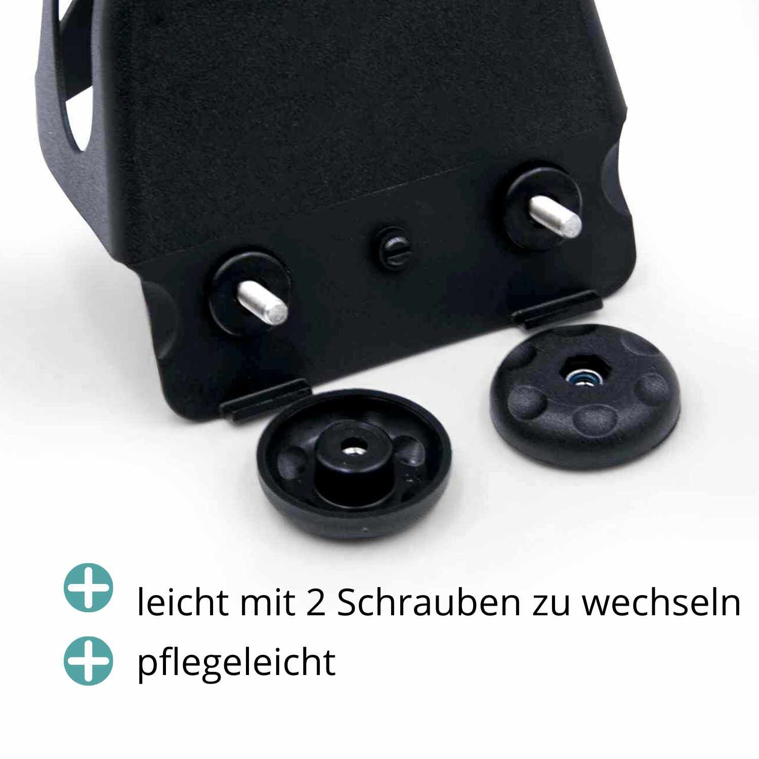 Detailansicht der Steigbügeleinlage. Zwei Schrauben und zwei schwarze Knöpfe. Pflegeleicht.