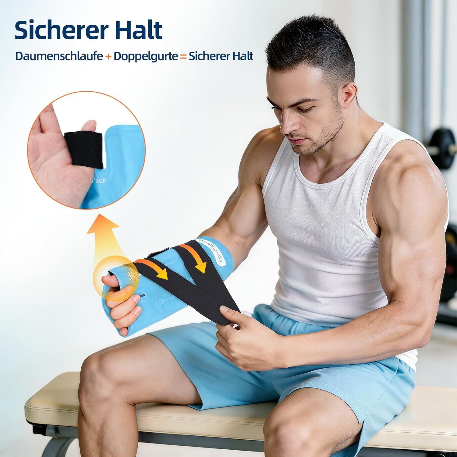 Mann mit blauer Handgelenk-Kühlbandage und Klettverschluss.