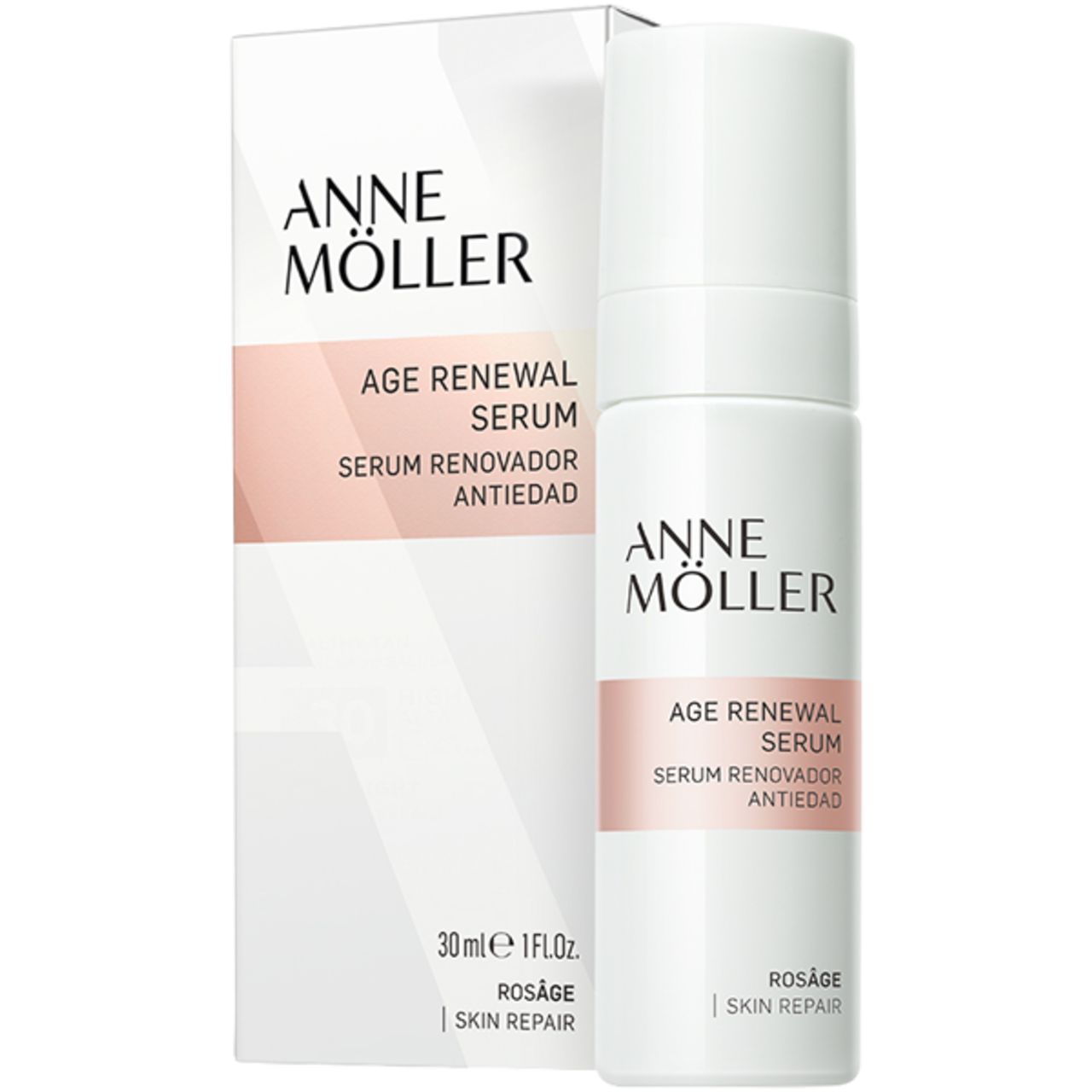 Produktverpackung und Flasche. Aufschrift: Anne Möller, Age Renewal Serum, Rosâge Skin Repair. 30ml 1 fl.oz.