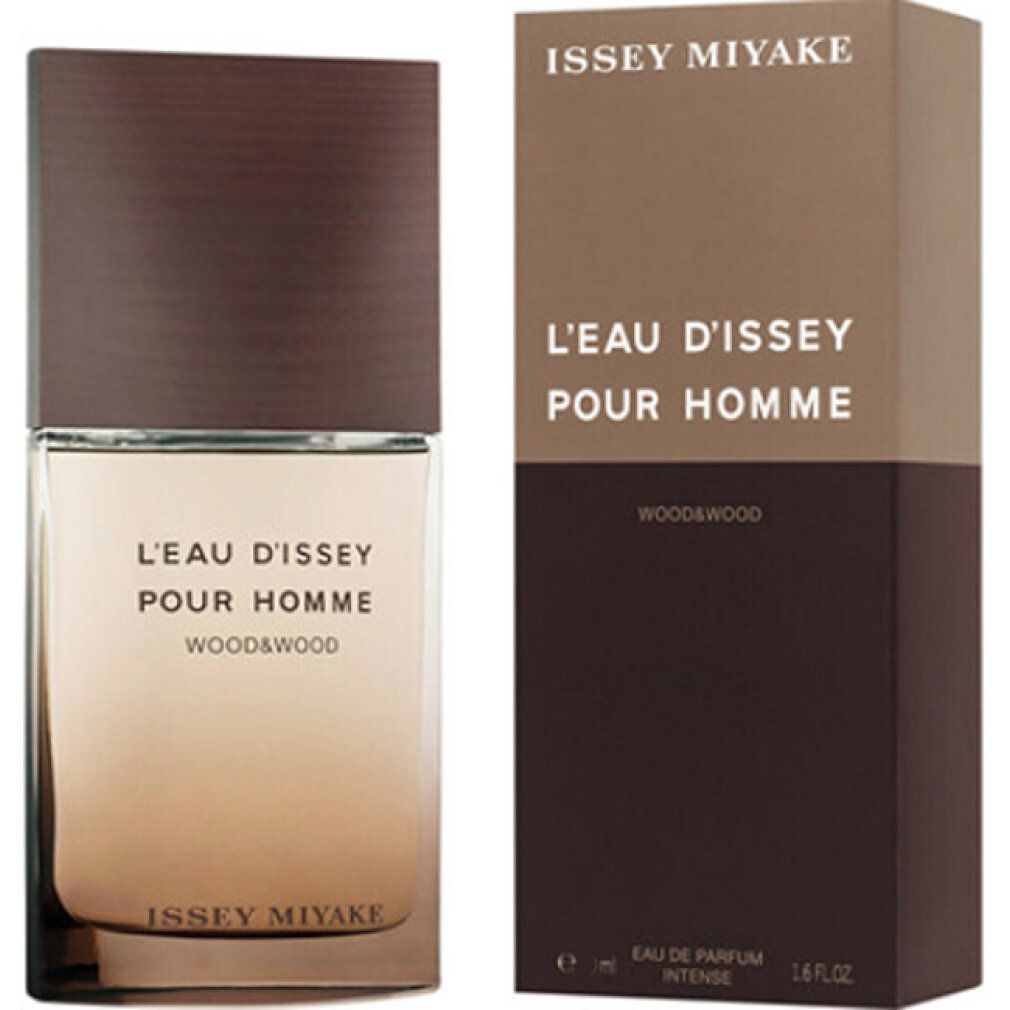 Issey Miyake L'Eau d'Issey Pour Homme Wood & Wood Flakon und Verpackung. Braune Kappe, Schriftzug.