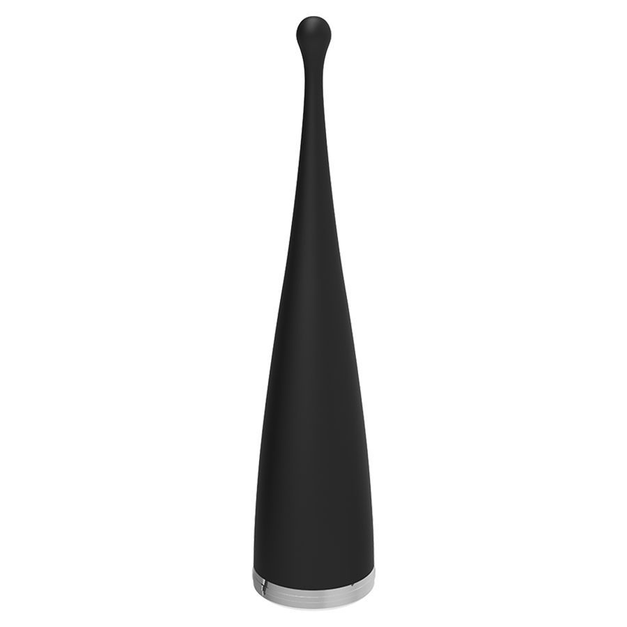 Schwarzer Silikon-Vibrator mit silbernem Ring und blauer LED.