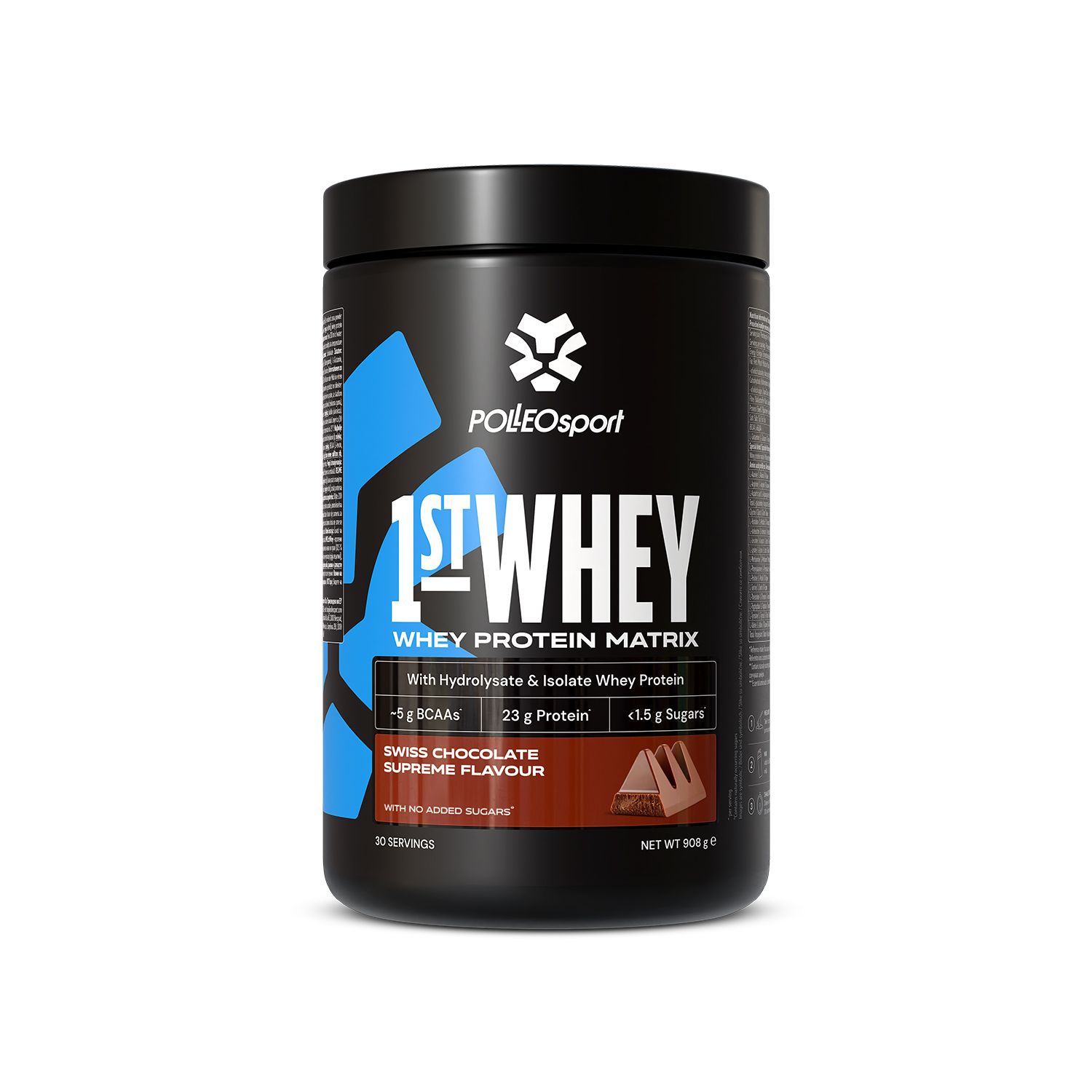 Schwarze Dose "1ST:WHEY" mit Logo. Enthält Proteinpulver. Aufschrift: Swiss Chocolate Supreme. 30 Portionen.
