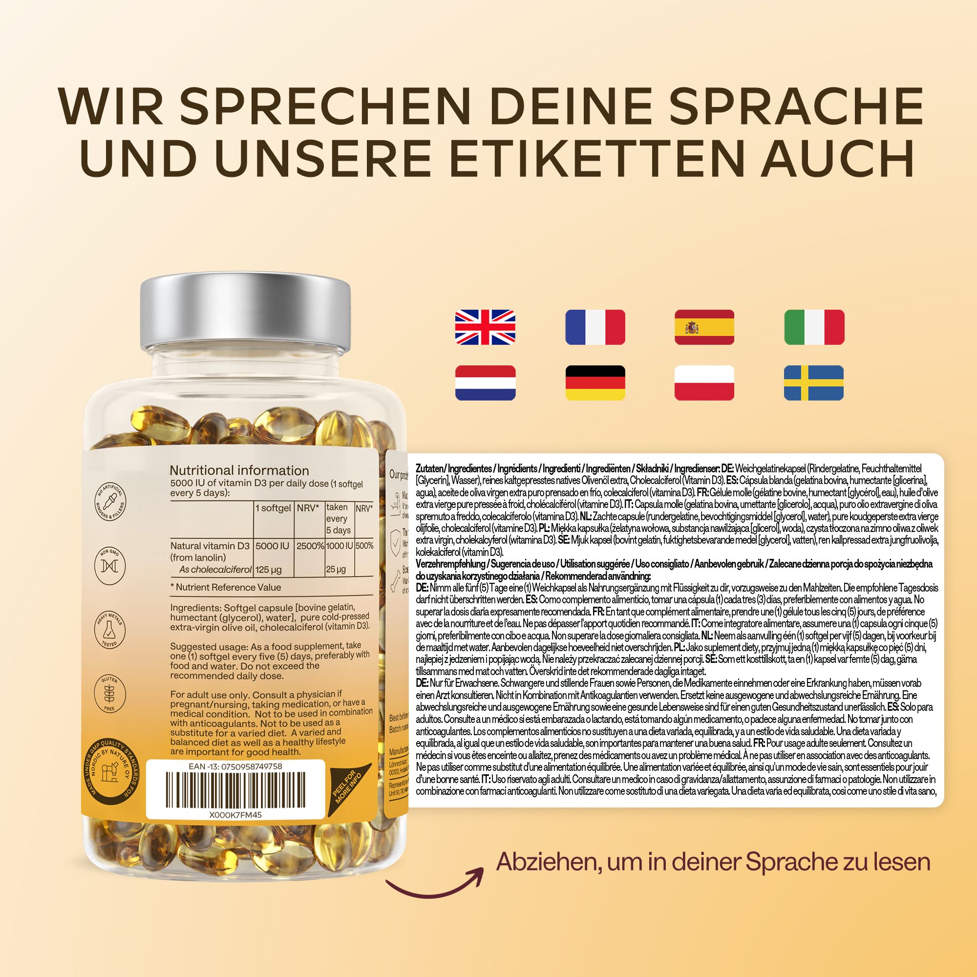Flasche Aavalabs Vitamin D3 Softgels mit mehrsprachigen Etiketten.