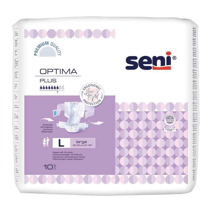 Verpackung Seni Optima Plus L. Weiß-lila Verpackung mit Produktname, Größe L und Anzahl 10. Logo Seni und Qualitätszeichen.