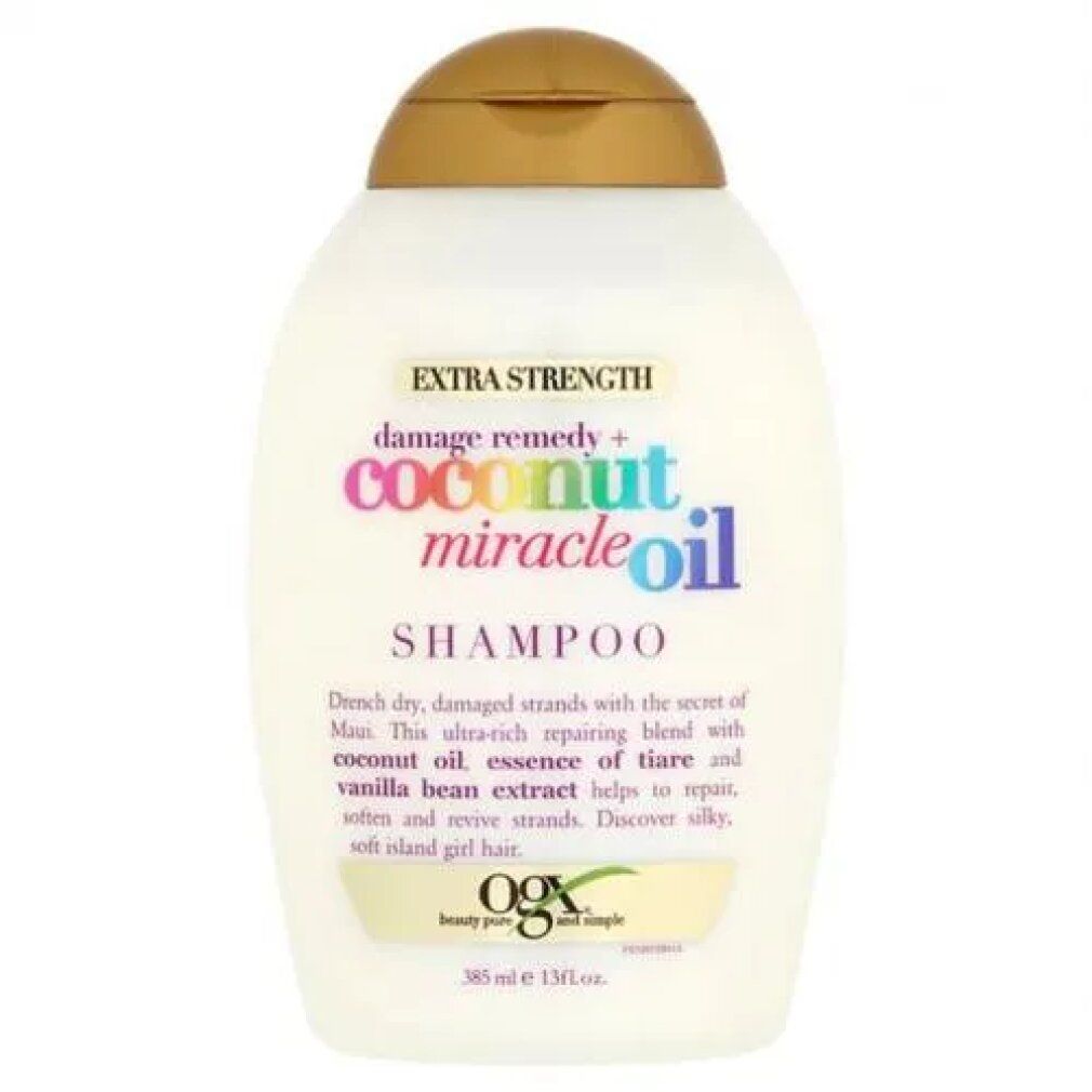 Weiße Shampoo-Flasche mit goldfarbenem Deckel. Aufschrift: Coconut Miracle Oil, Shampoo, 385ml. Marke: OGX.