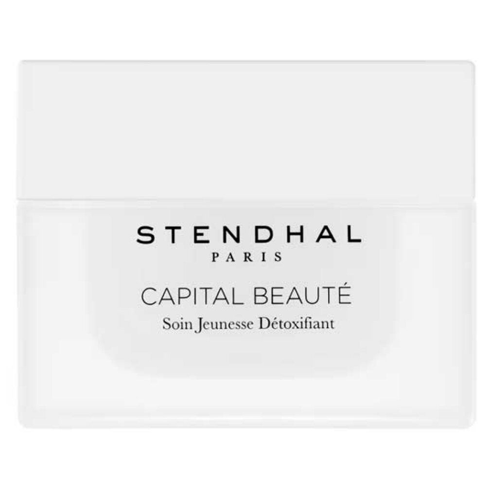 Weißer Tiegel mit Deckel. Aufschrift: STENDHAL PARIS, CAPITAL BEAUTÉ, Soin Jeunesse Détoxifiant.