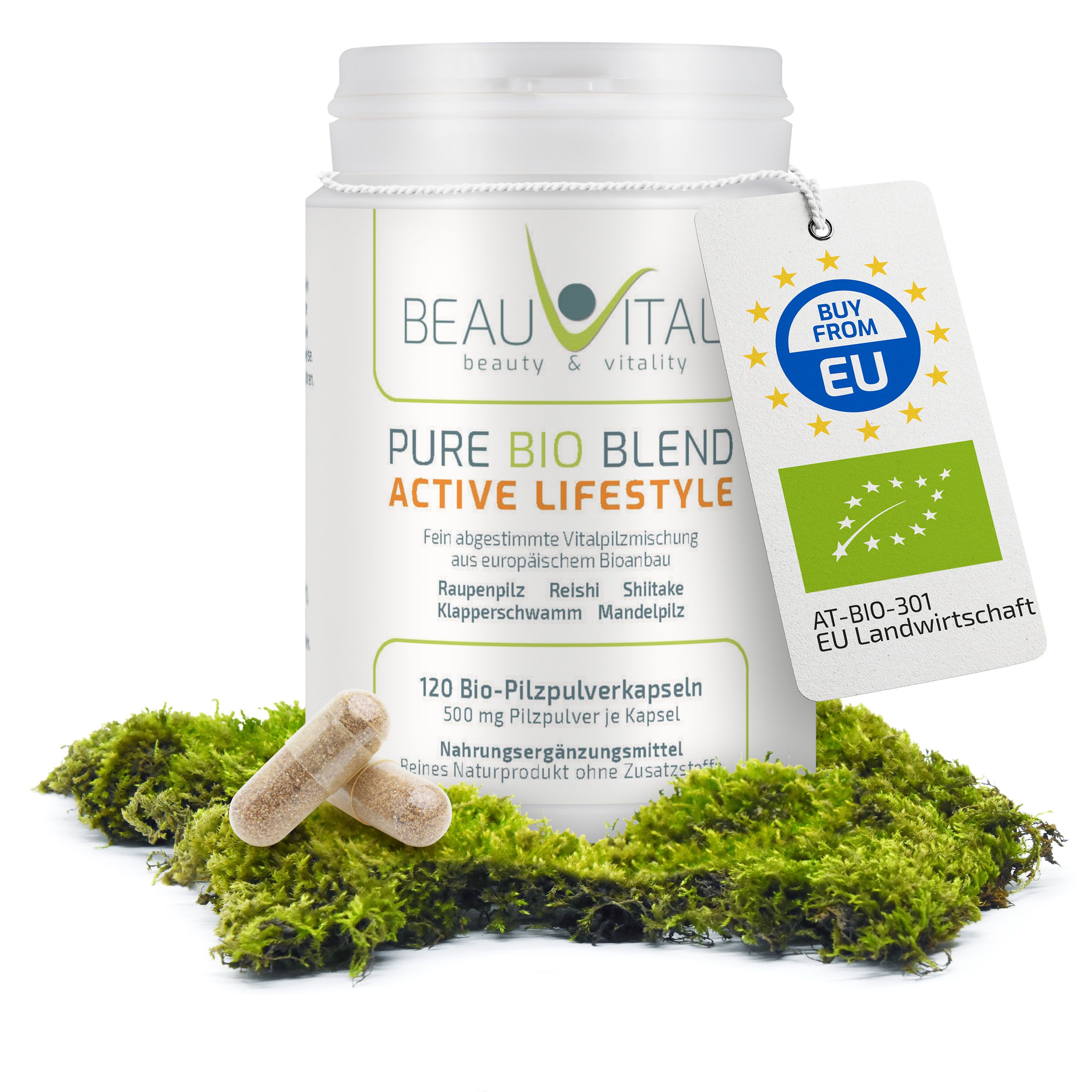 BEAUVITAL Active Lifestyle Kapseln mit EU Bio-Siegel und Pilzarten wie Cordyceps, Reishi, Shiitake.
