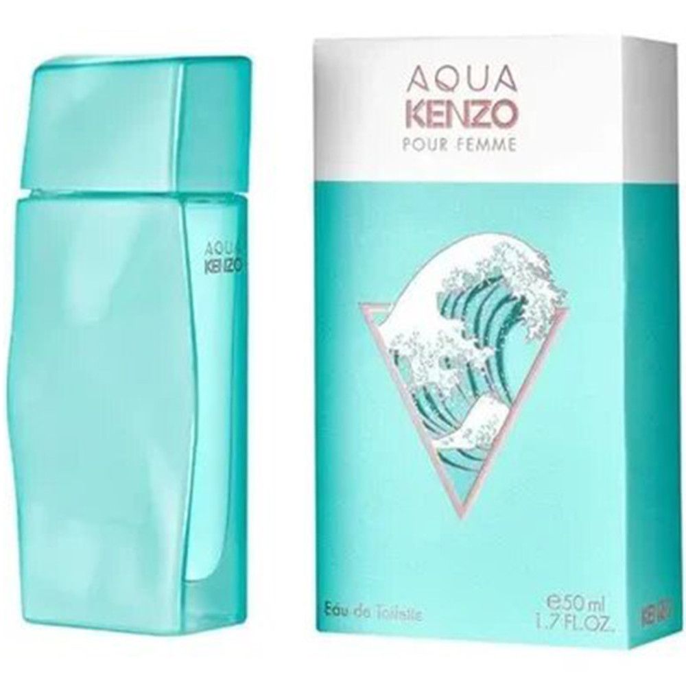 Türkisgrüner Flakon und Verpackung. Aufschrift Aqua Kenzo pour Femme. Wellenmotiv auf der Verpackung.