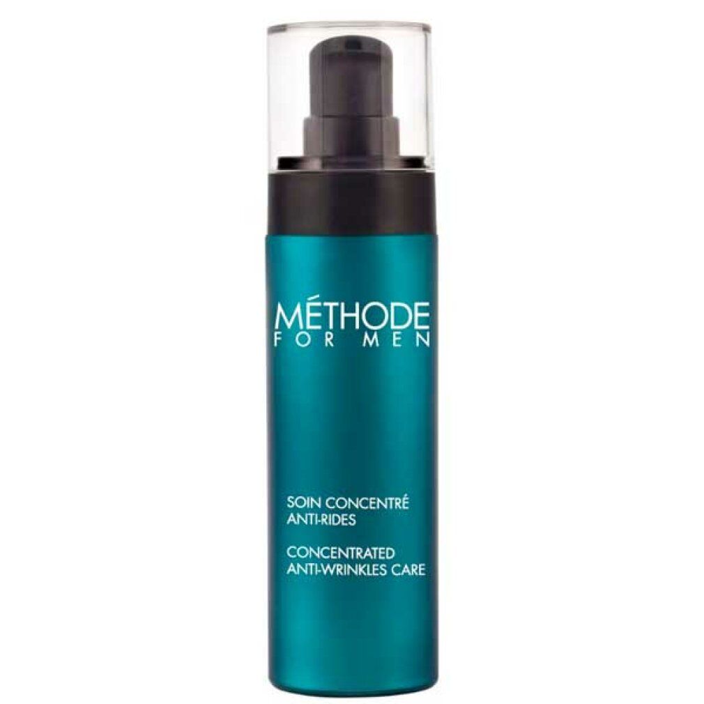 Türkisgrüne Flasche mit schwarzem Pumpkopf. Aufschrift: MÉTHODE FOR MEN, Soin Concentré Anti-Rides, Concentrated Anti-Wrinkles Care.